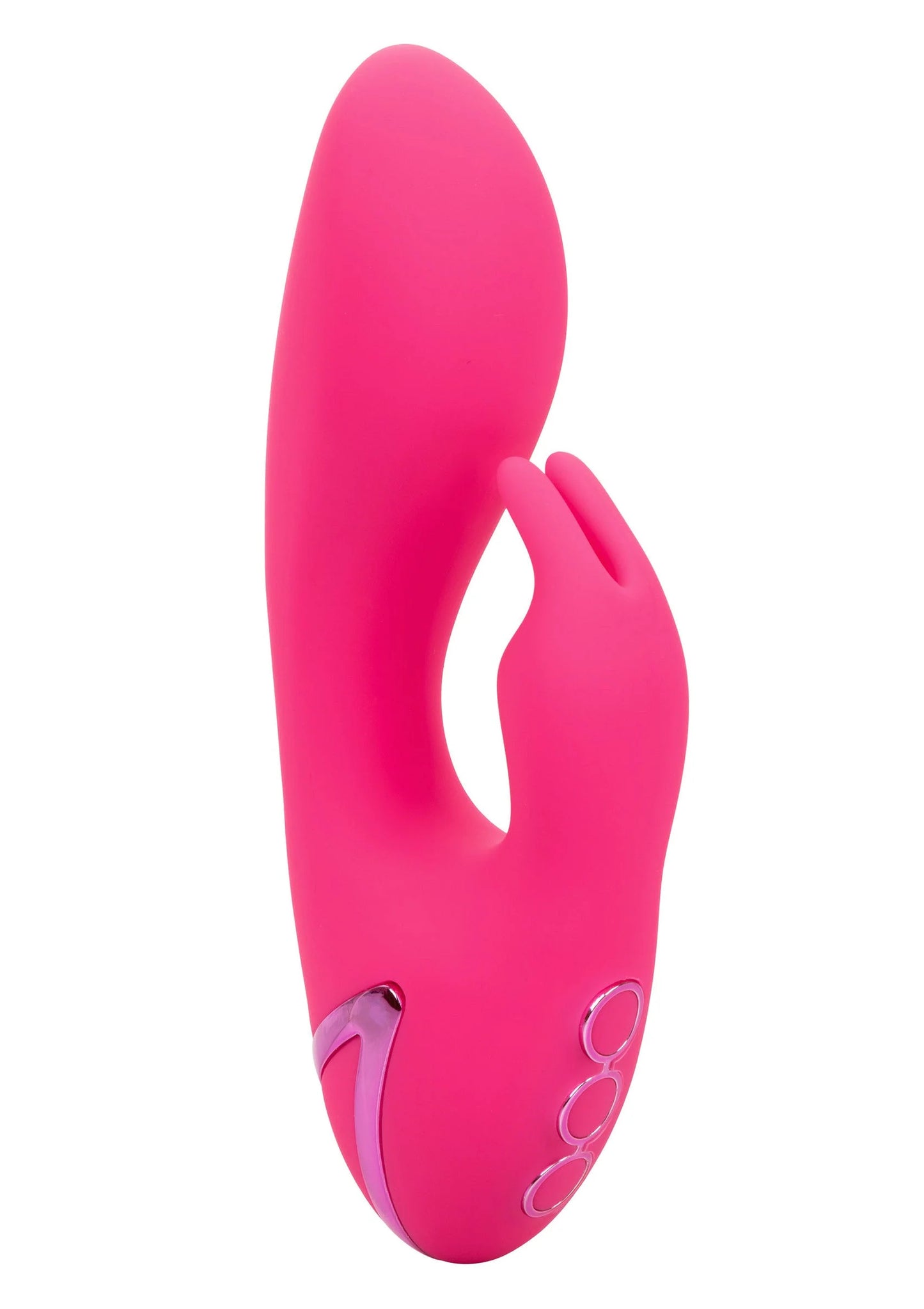 Roze ovale vibrator met lange vorm en uitsparing, drie knoppen onderaan