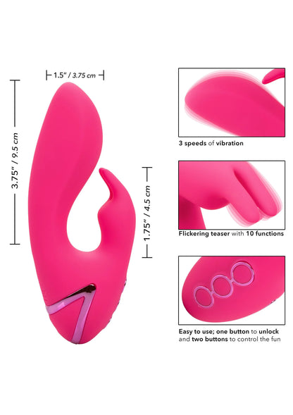 Afmetingen en functies van roze vibrator, ovale vorm met drie ronde knoppen