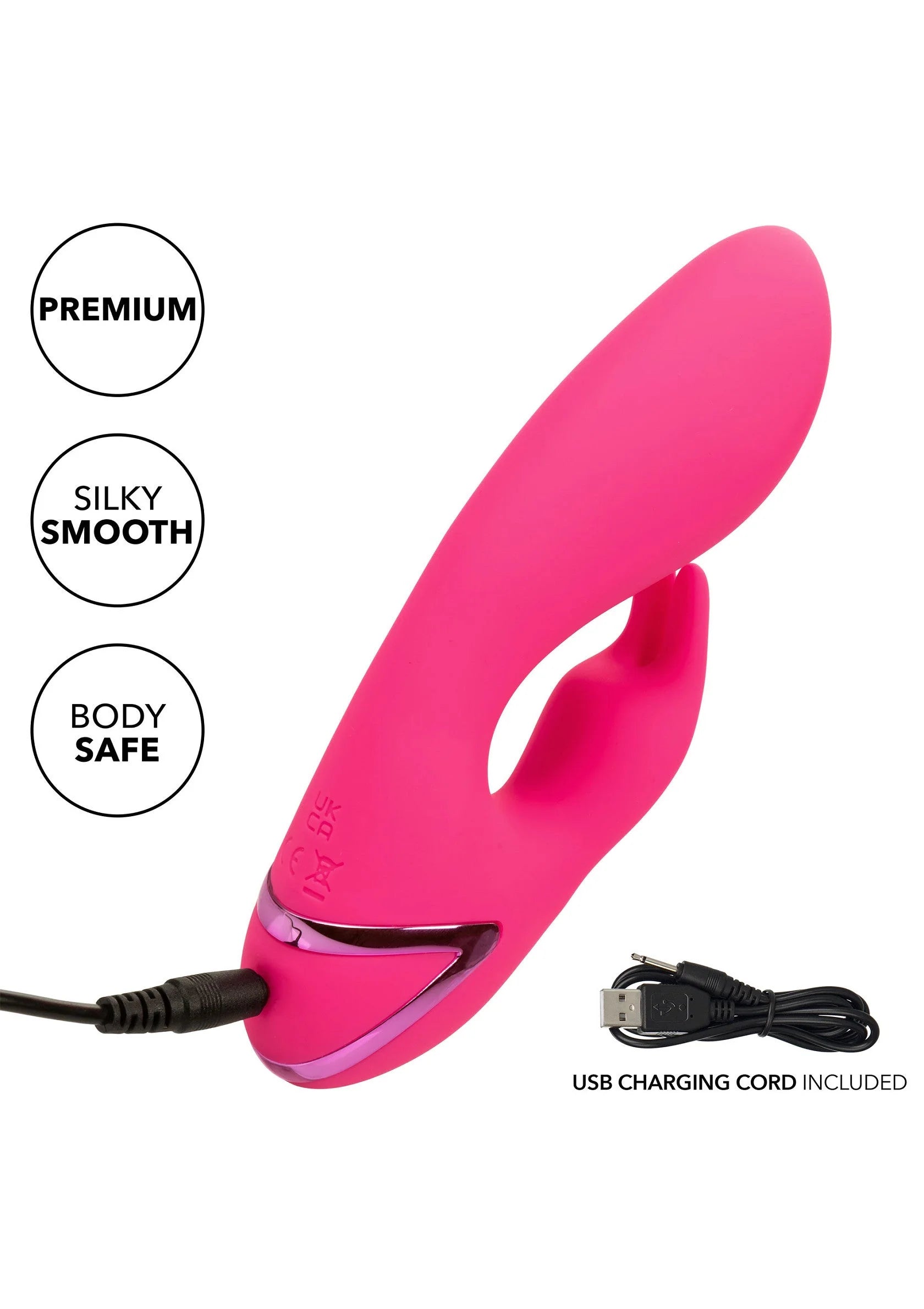 Roze gebogen siliconen vibrator met handgreep en USB-oplaadkabel