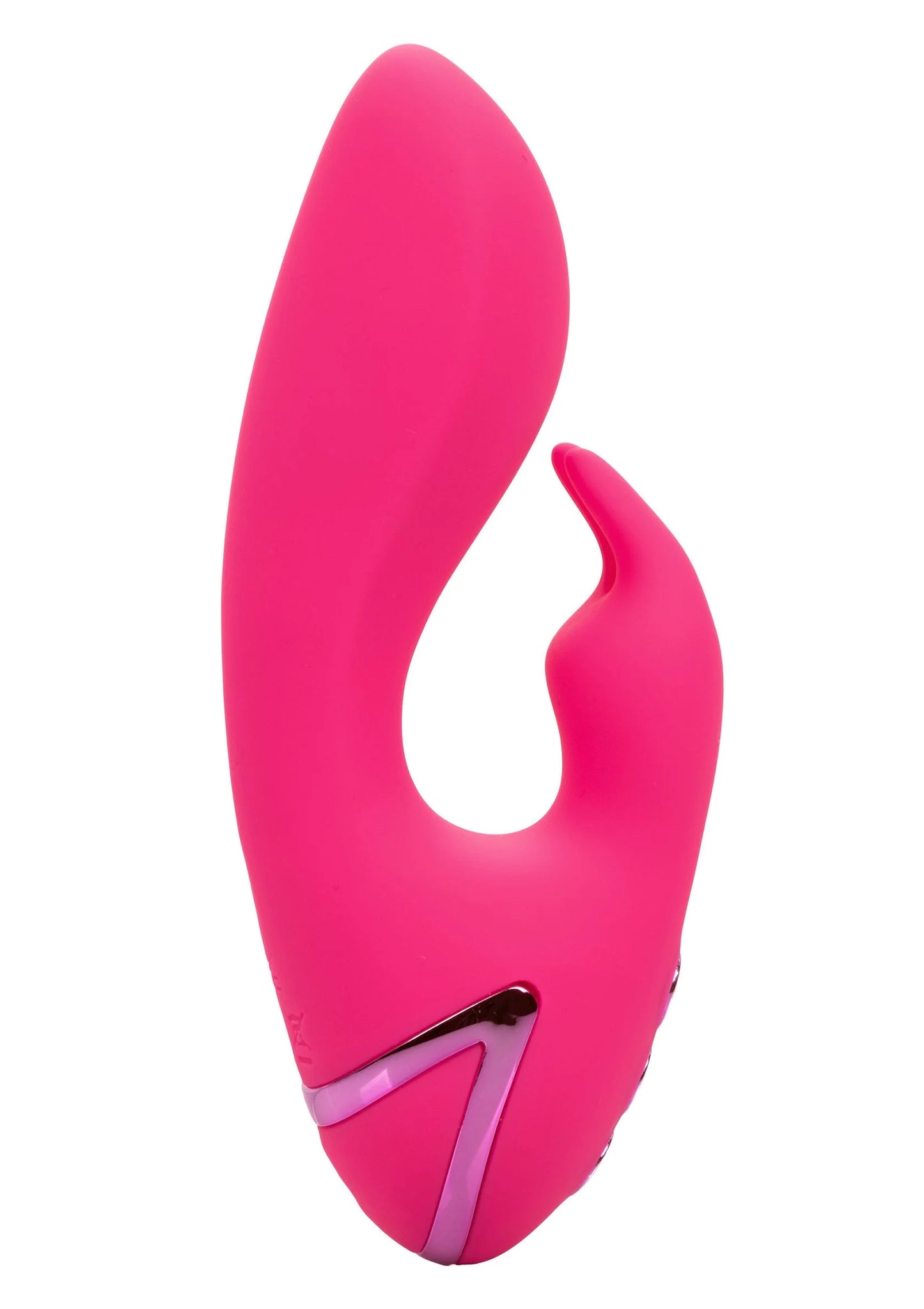 Roze siliconen vibrator onderzijde zijaanzicht met roze metalen inzet