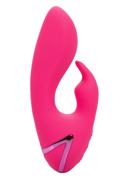 Roze siliconen vibrator onderzijde zijaanzicht met roze metalen inzet