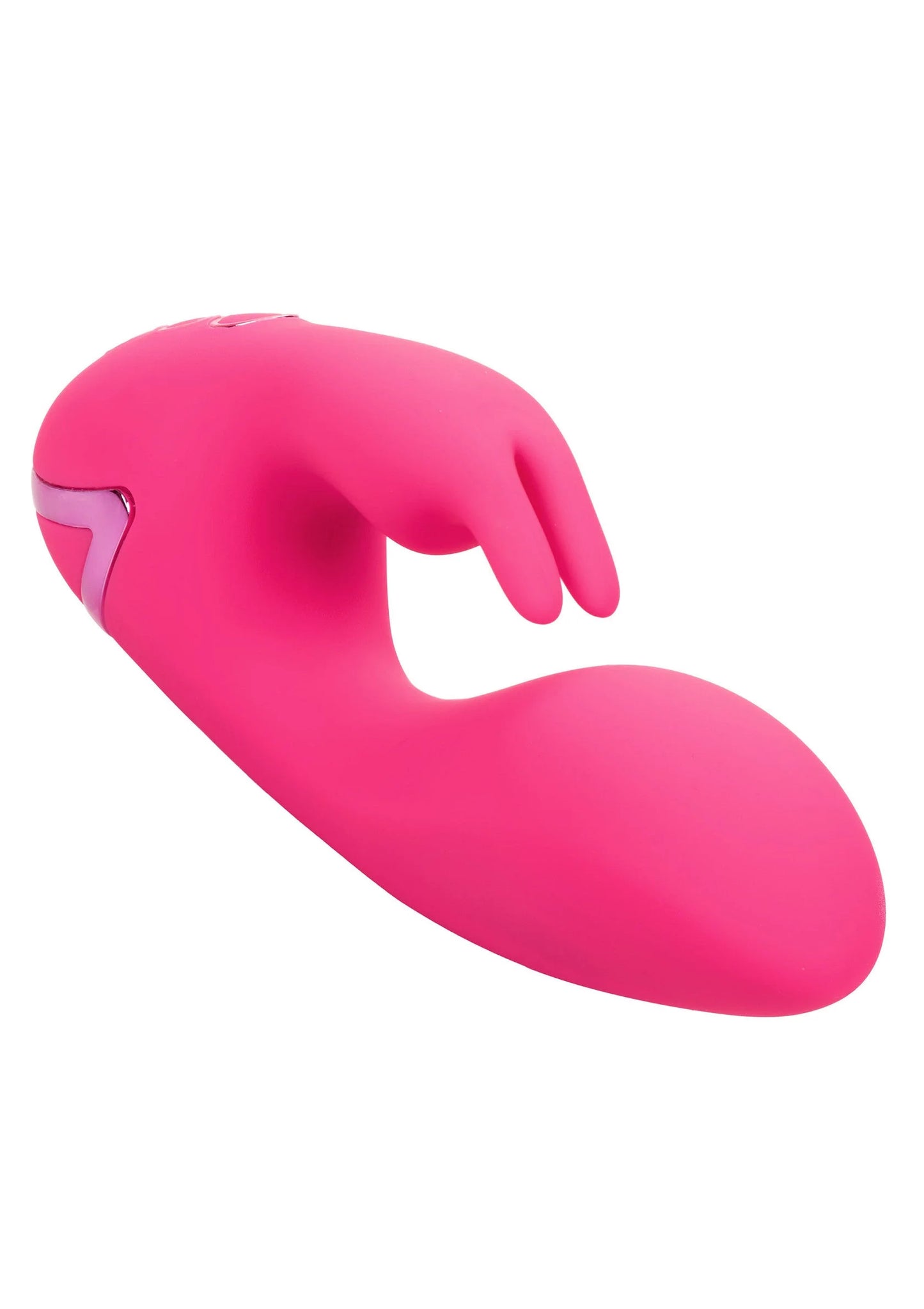 Roze siliconen vibrator met holle opening, liggend zijaanzicht met gebogen vorm