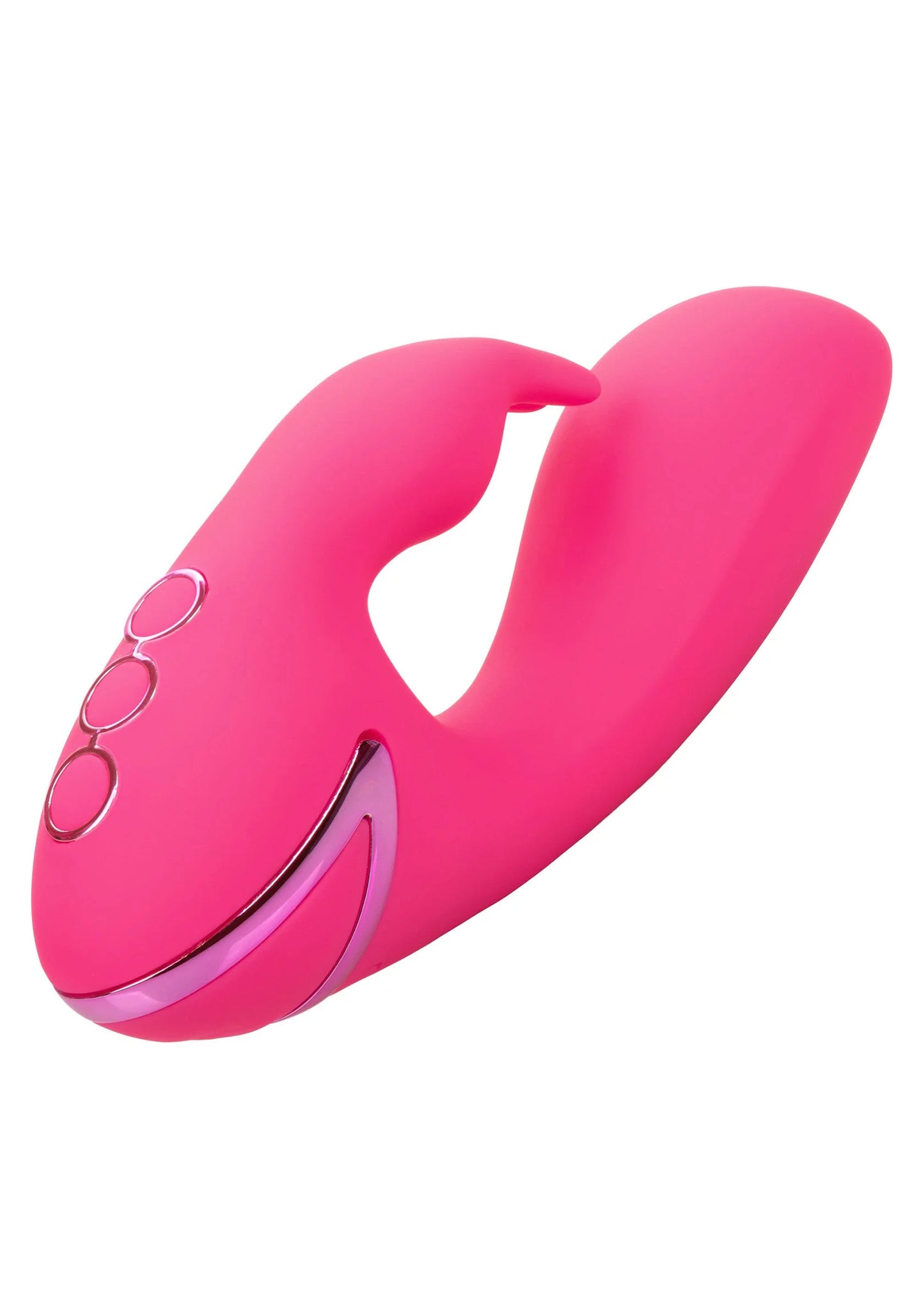 Roze vibrator van bovenaf met drie ronde knoppen en open inkeping