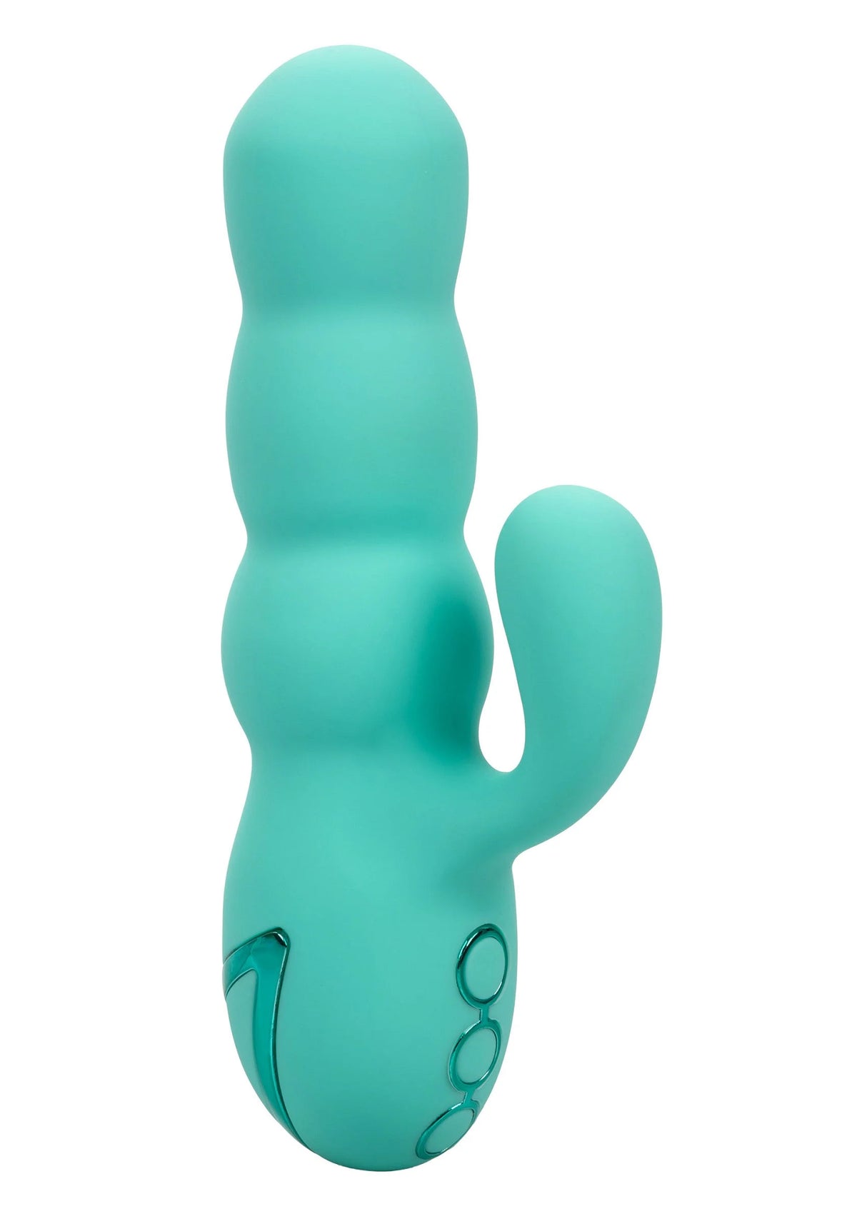 Turquoise gebogen seksspeeltje met gladde contour en twee ovale openingen