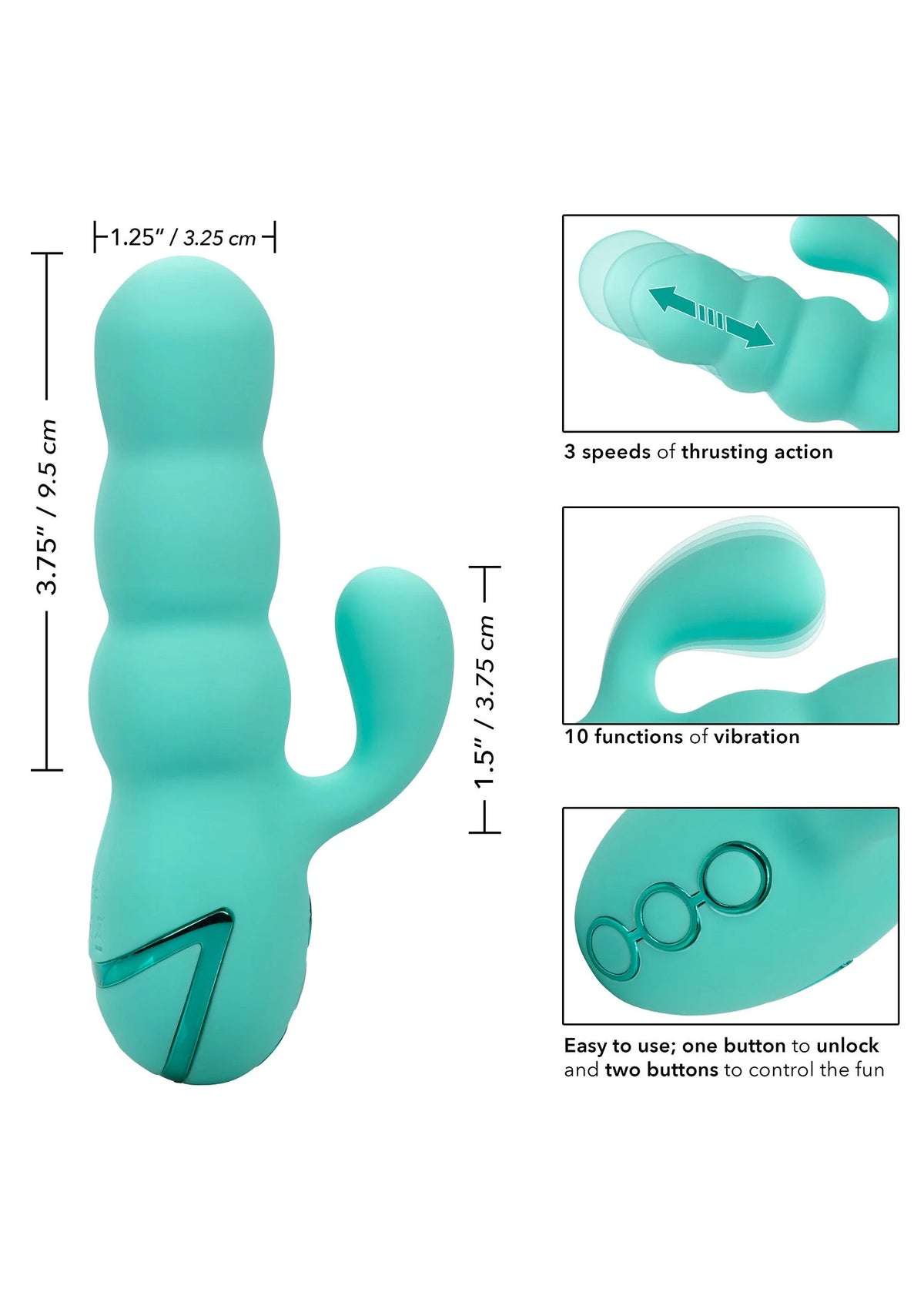 Turquoise gebogen seksspeeltje met ringvormige inlay en zijhandgreep