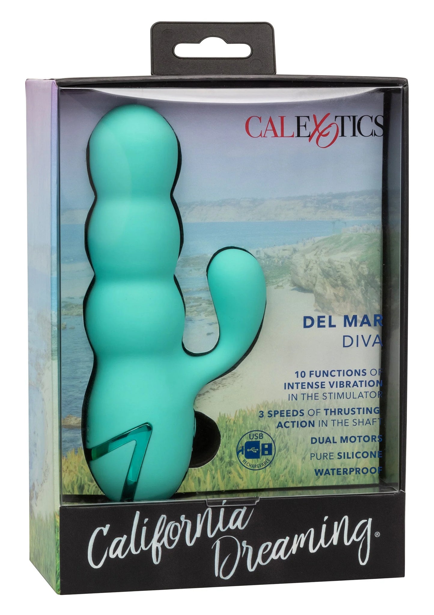 Turquoise seksspeeltje in doos met gebogen vorm en zijhandgreep