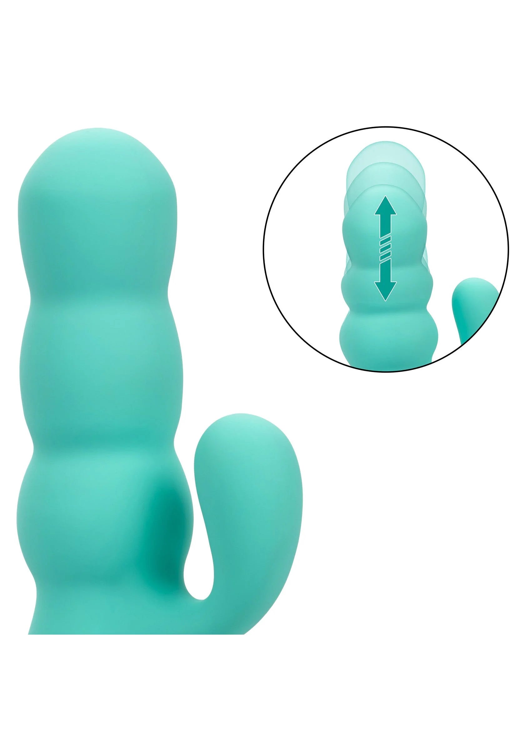 Turkoois vibrator met U-vormige basis en afgeronde kop, zijaanzicht