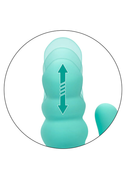Turkoois vibrator met gebogen contactkop en pijlvormige markering op de achterkant