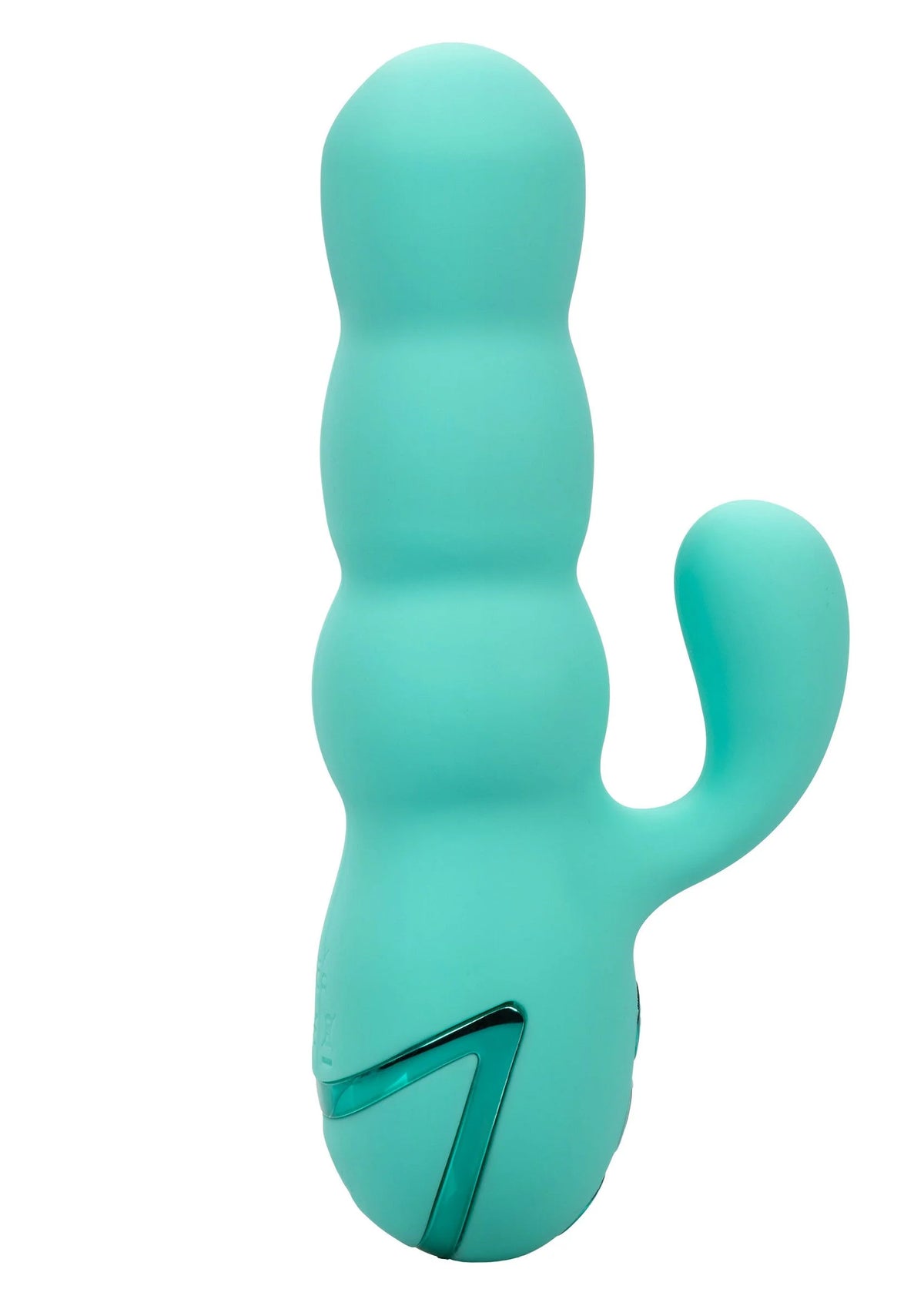 Turkoois vibrator met gebogen handgreep en metalen lus onderaan