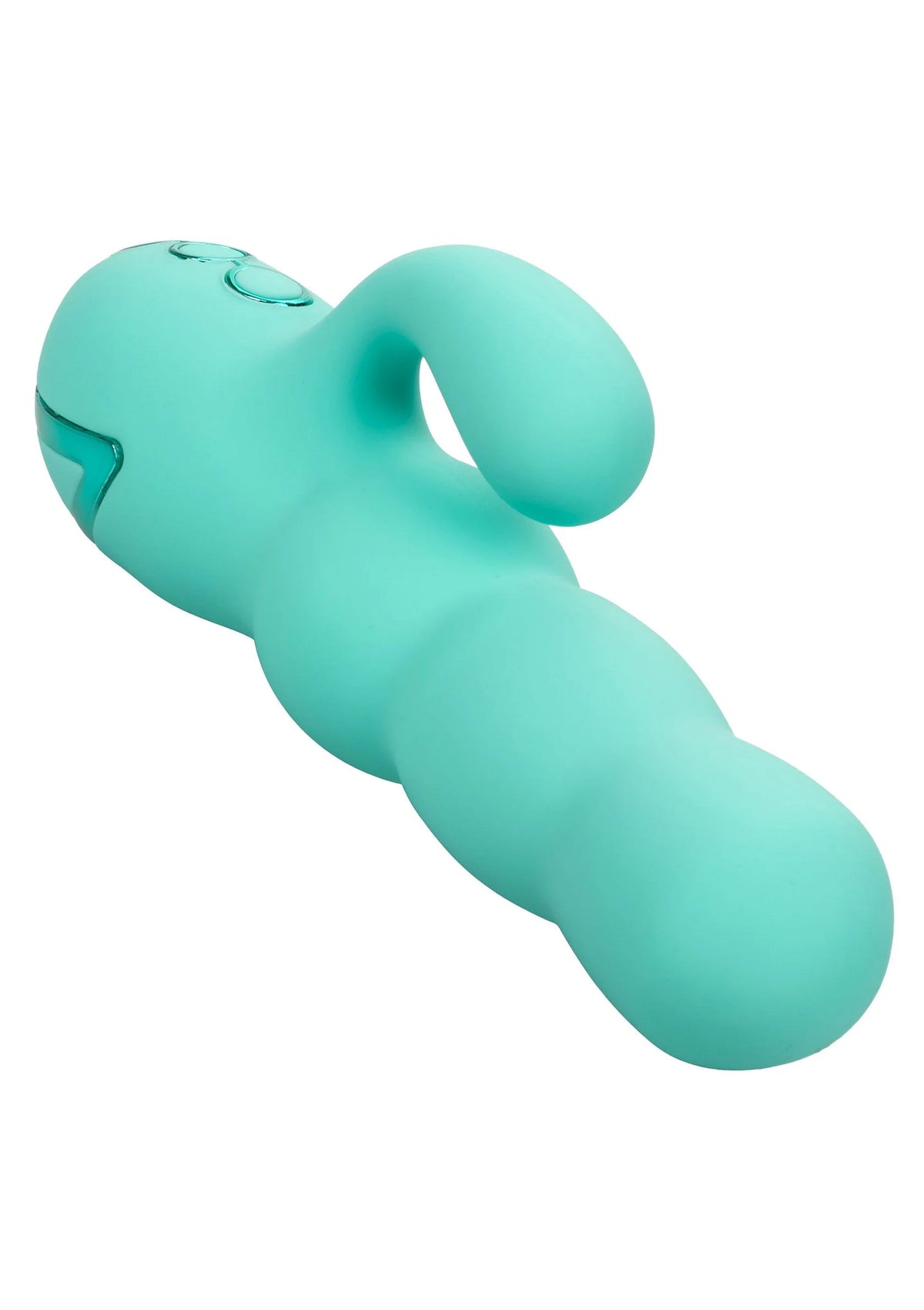 Turkoois vibrator met gebogen vorm en open lus bij het uiteinde