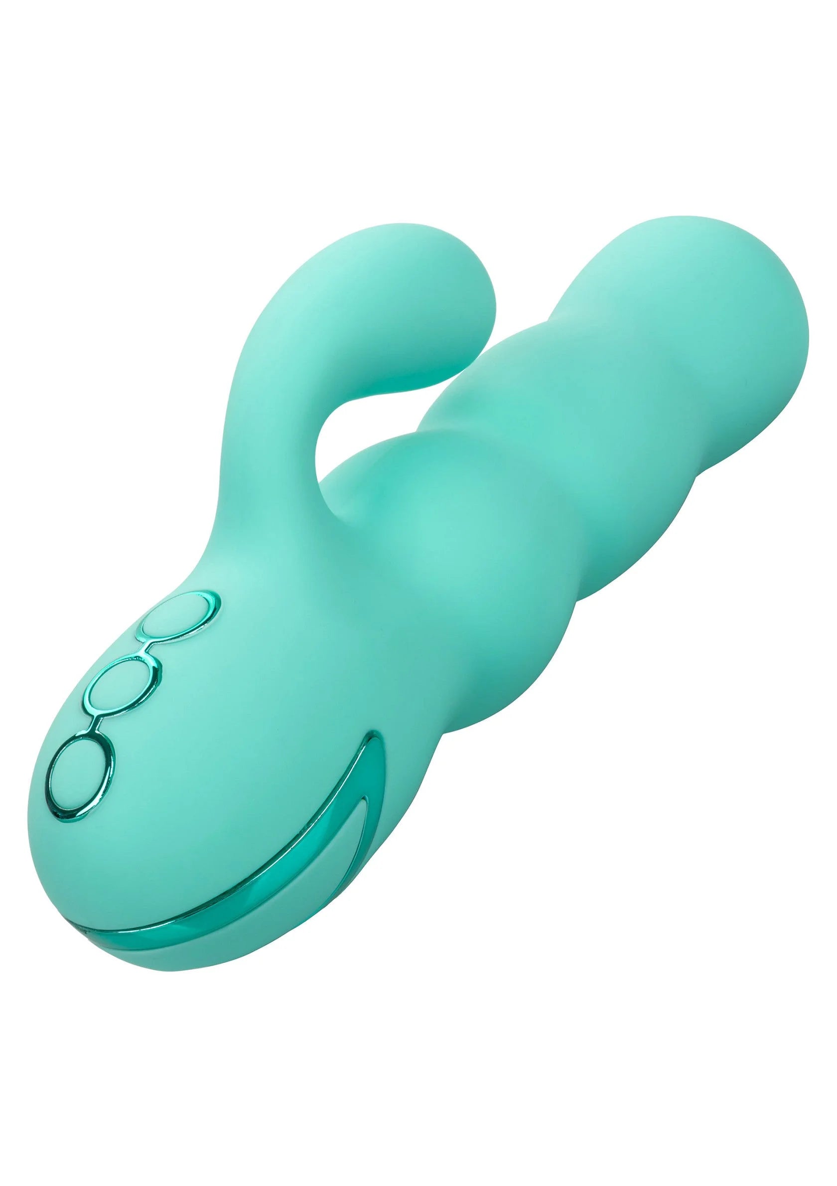 Turquoise seksspeeltje met twee ronde openingen en brede basis