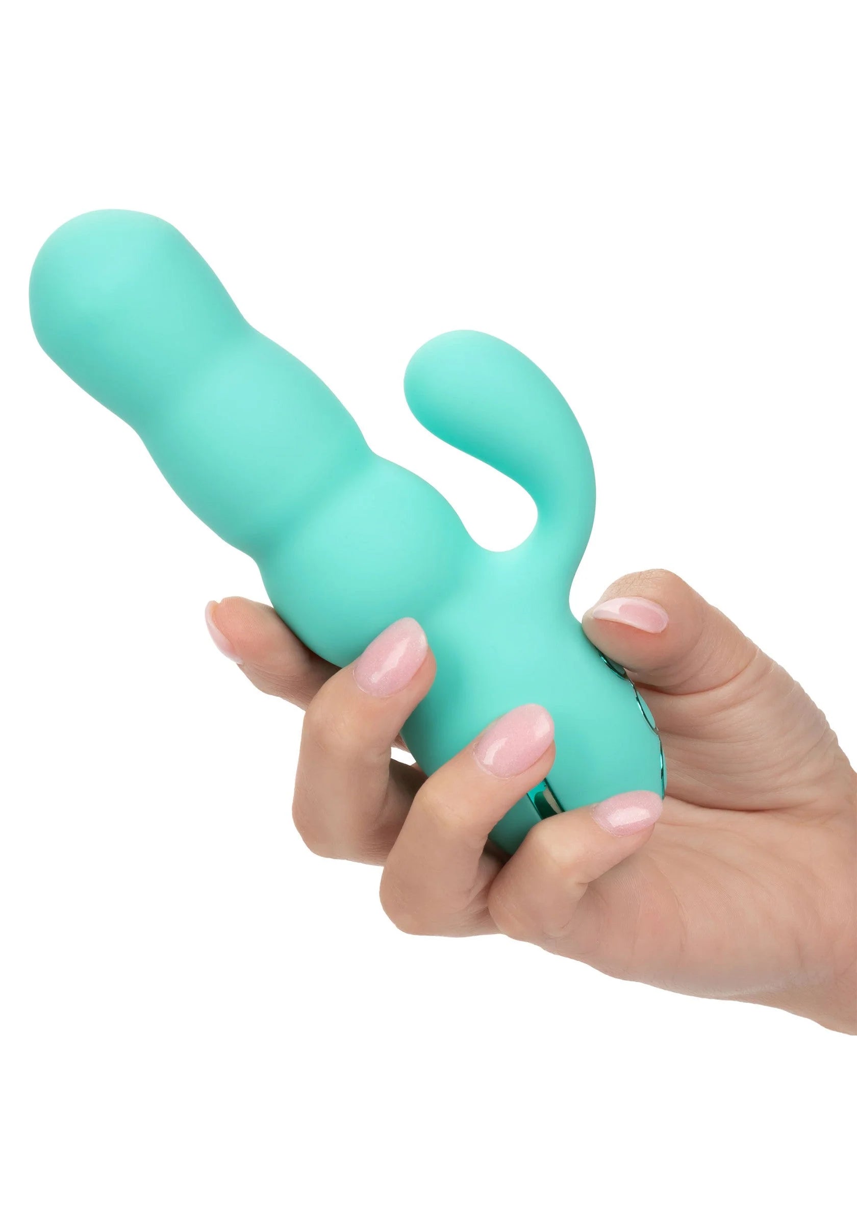 Turkoois vibrator met gebogen dubbele kop en U-vormige handgreep