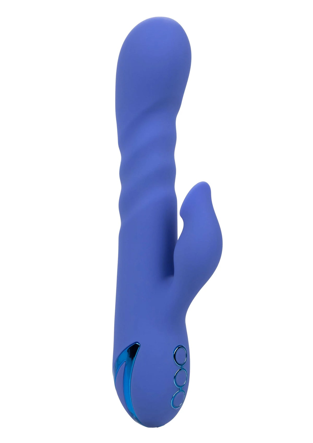 Blauwe siliconen seksspeeltje met ronde top en brede handgreepbasis.
