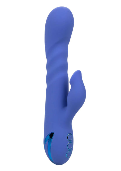 Blauwe siliconen seksspeeltje met ronde top en brede handgreepbasis.