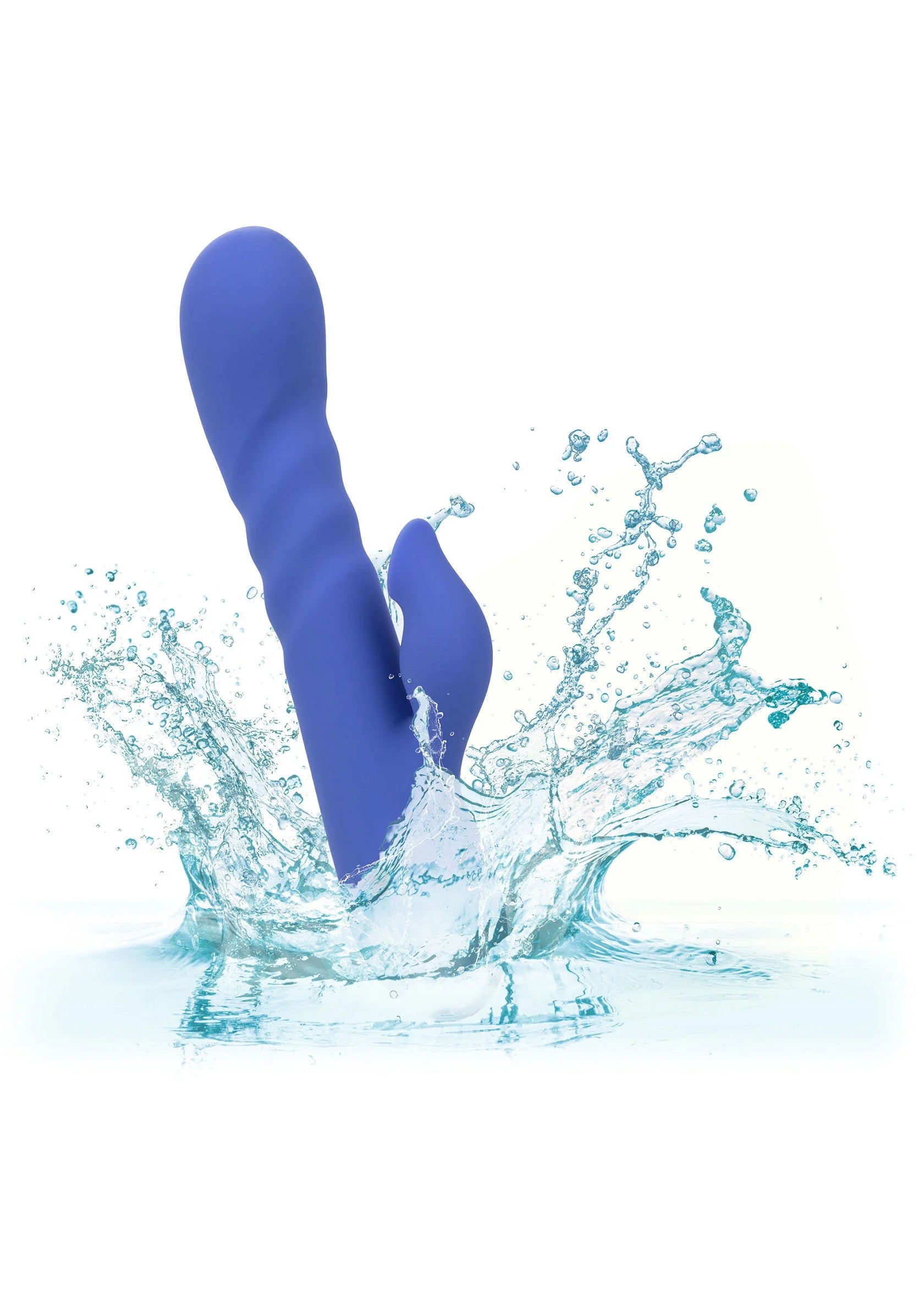 Blauw siliconen seksspeeltje in water met spetters rond de basis.