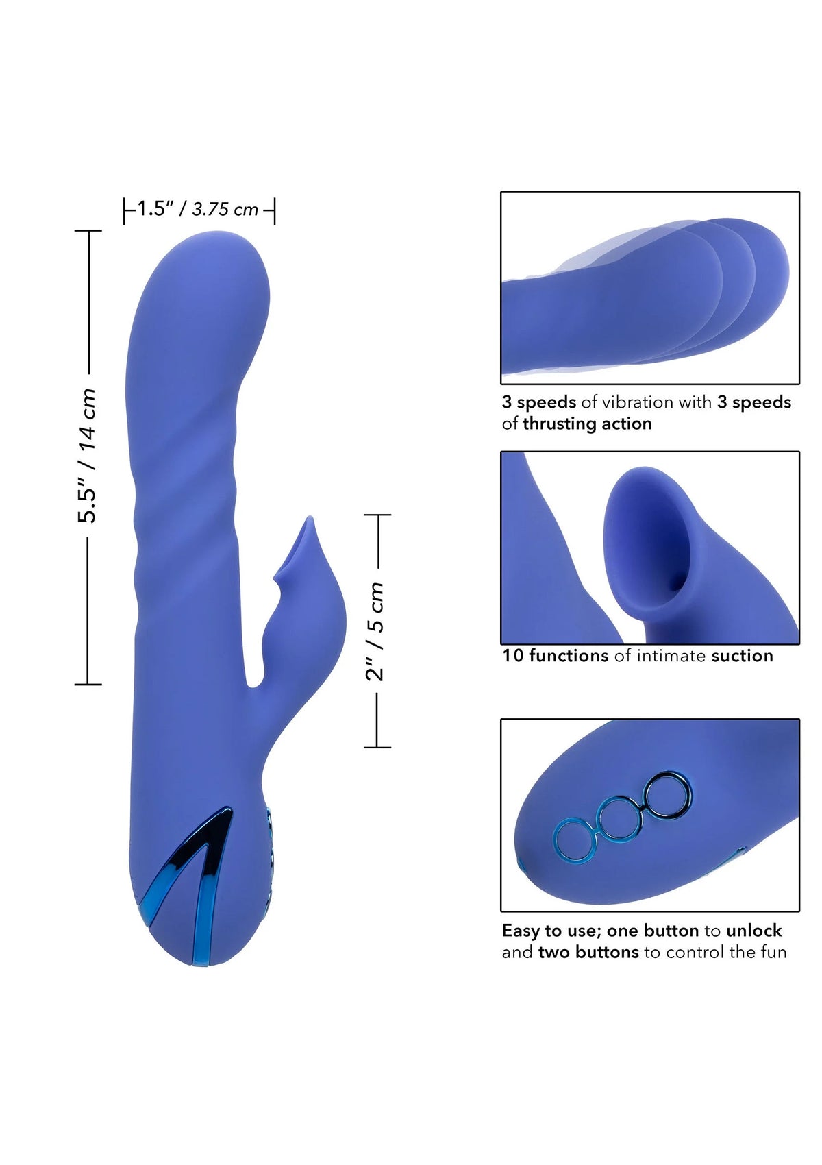 Blauw siliconen seksspeeltje met afmetingen en details op de verpakking.