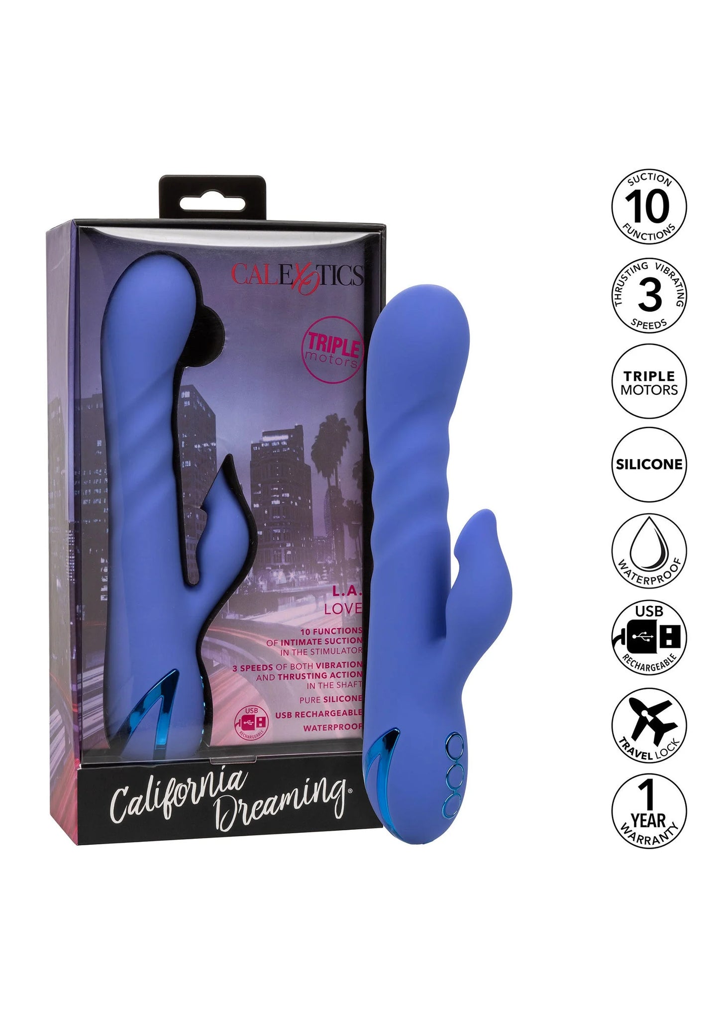 Blauw seksspeeltje in doos met iconen voor functies en bediening.