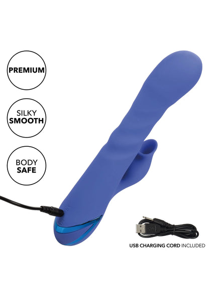 Blauw siliconen seksspeeltje met labels en USB-oplaadkabel inbegrepen.