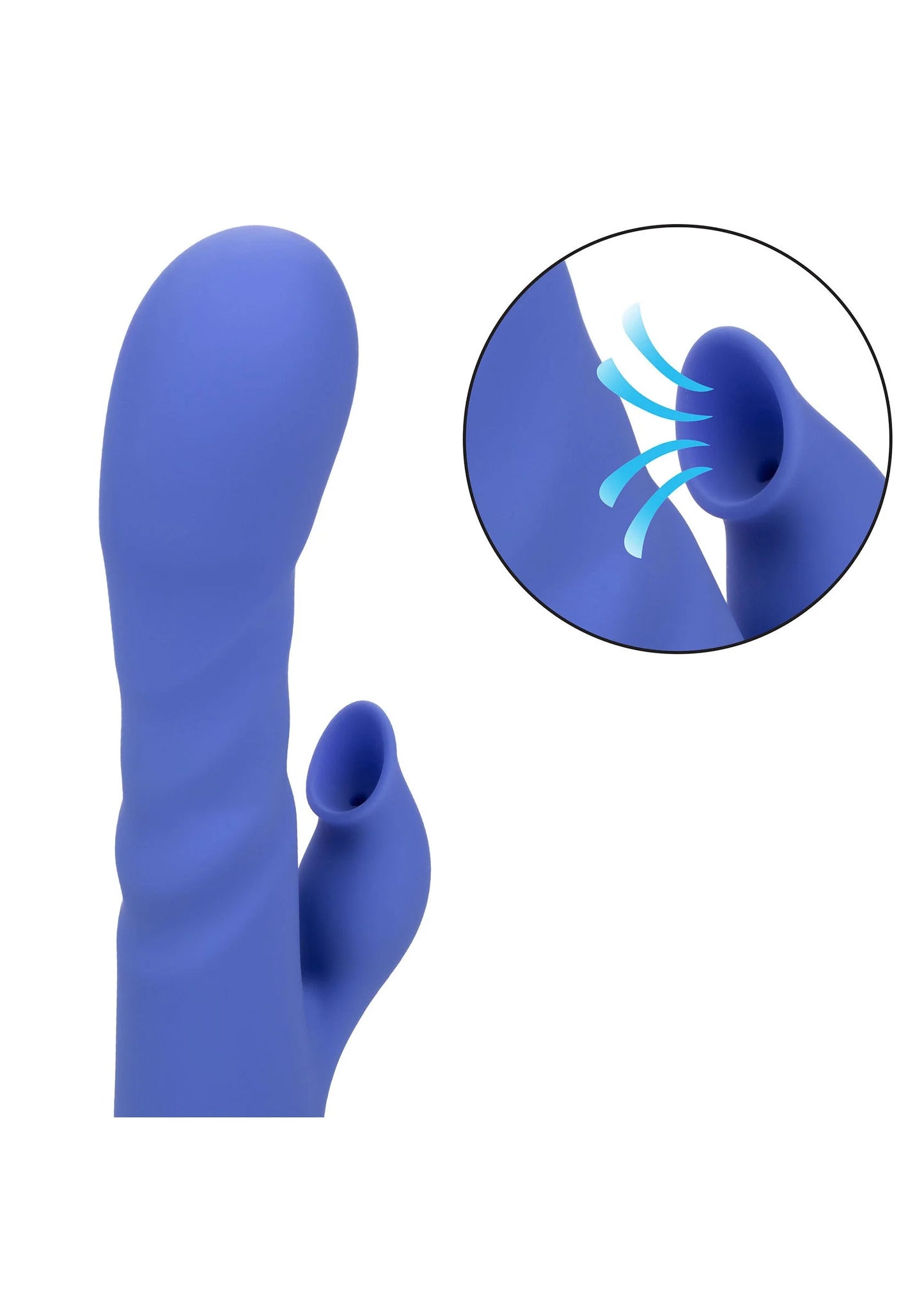 blauwe siliconen vibrator met geprofileerde kop en kleine zijprong