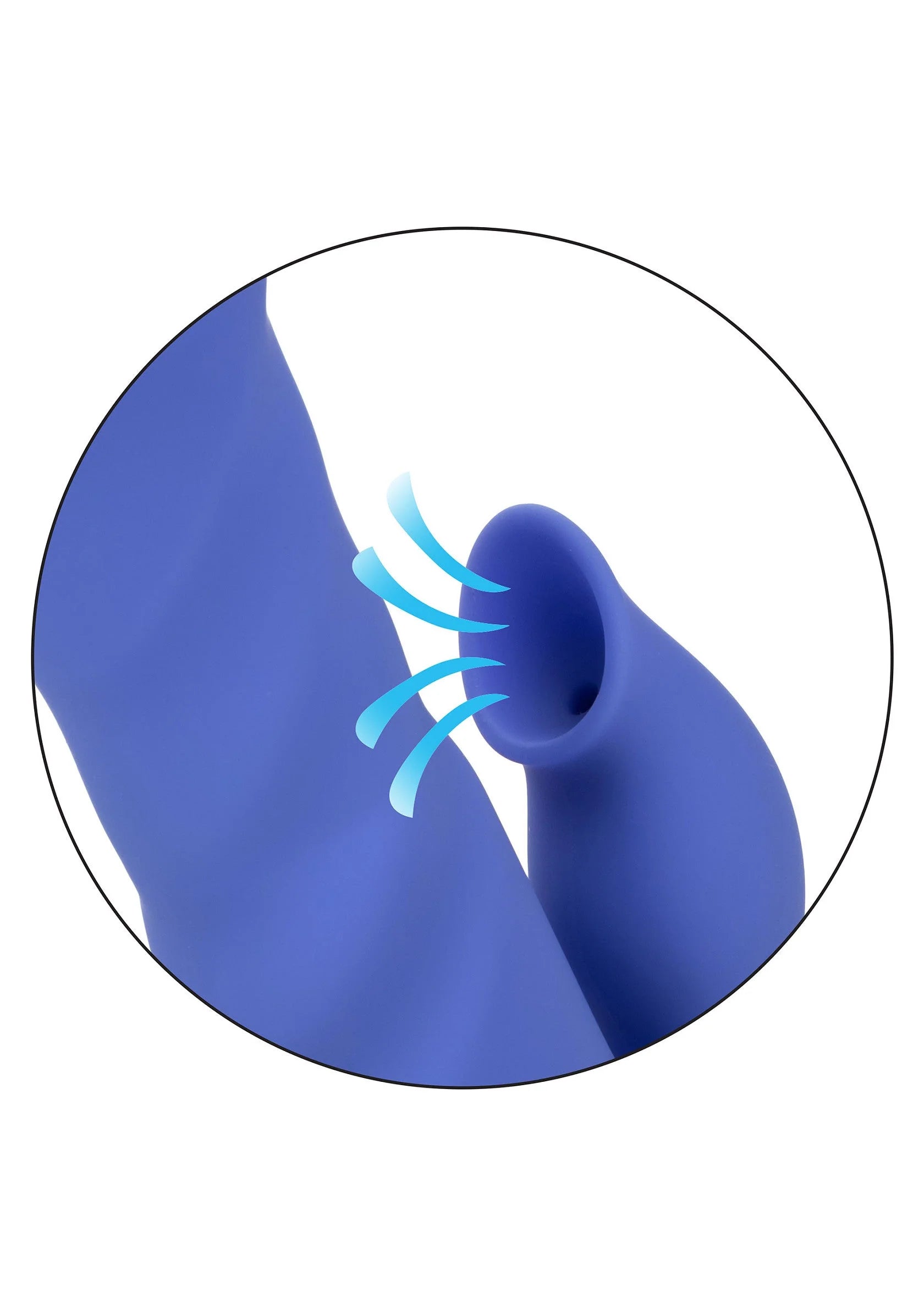 blauwe siliconen vibrator, close-up van kopopening met trilirollen