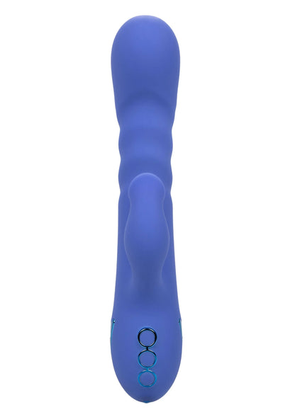 blauwe siliconen vibrator met drie ronde openingen onderaan