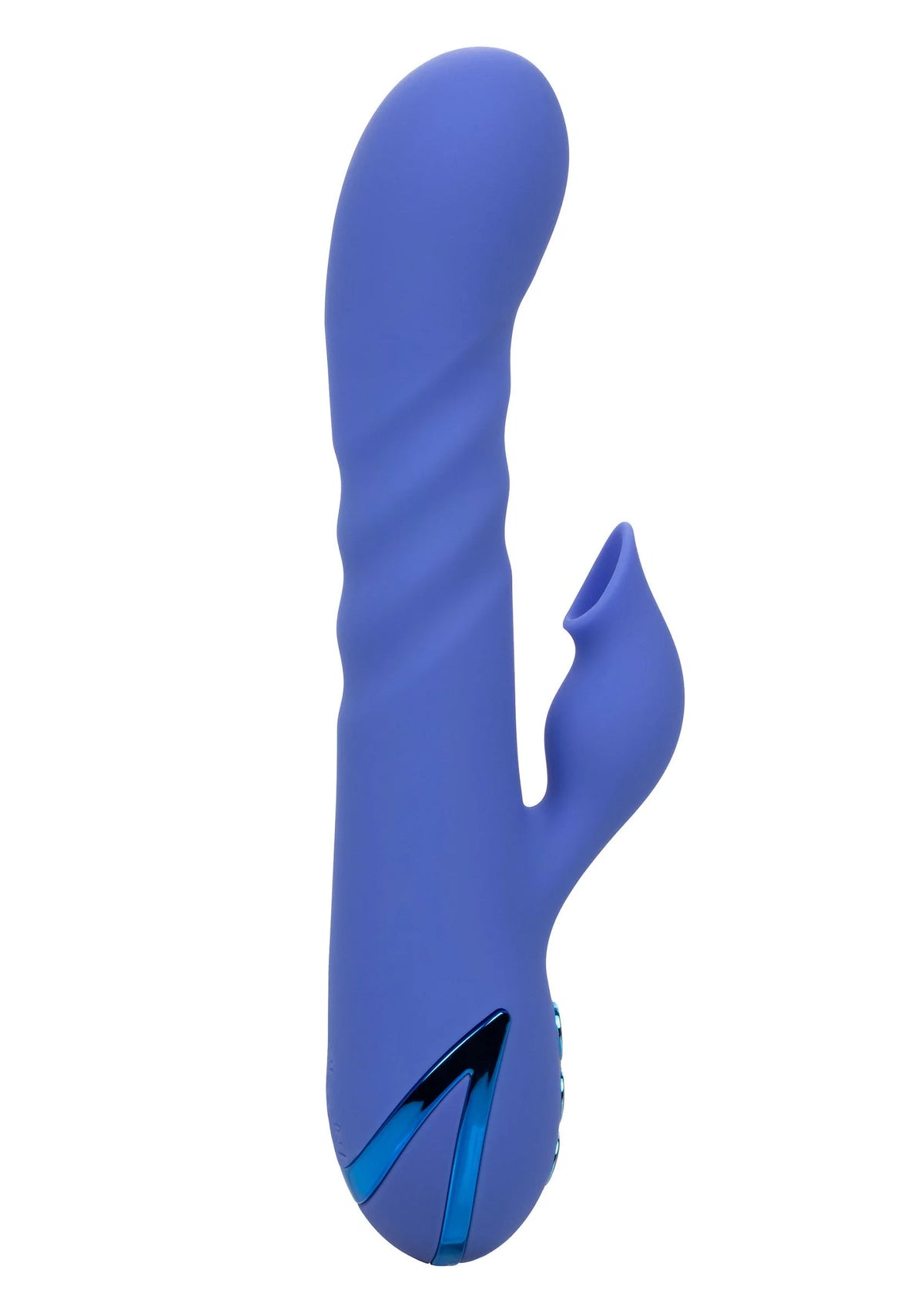 blauwe siliconen vibrator met zwart inzetstuk en open uitsparing onderaan