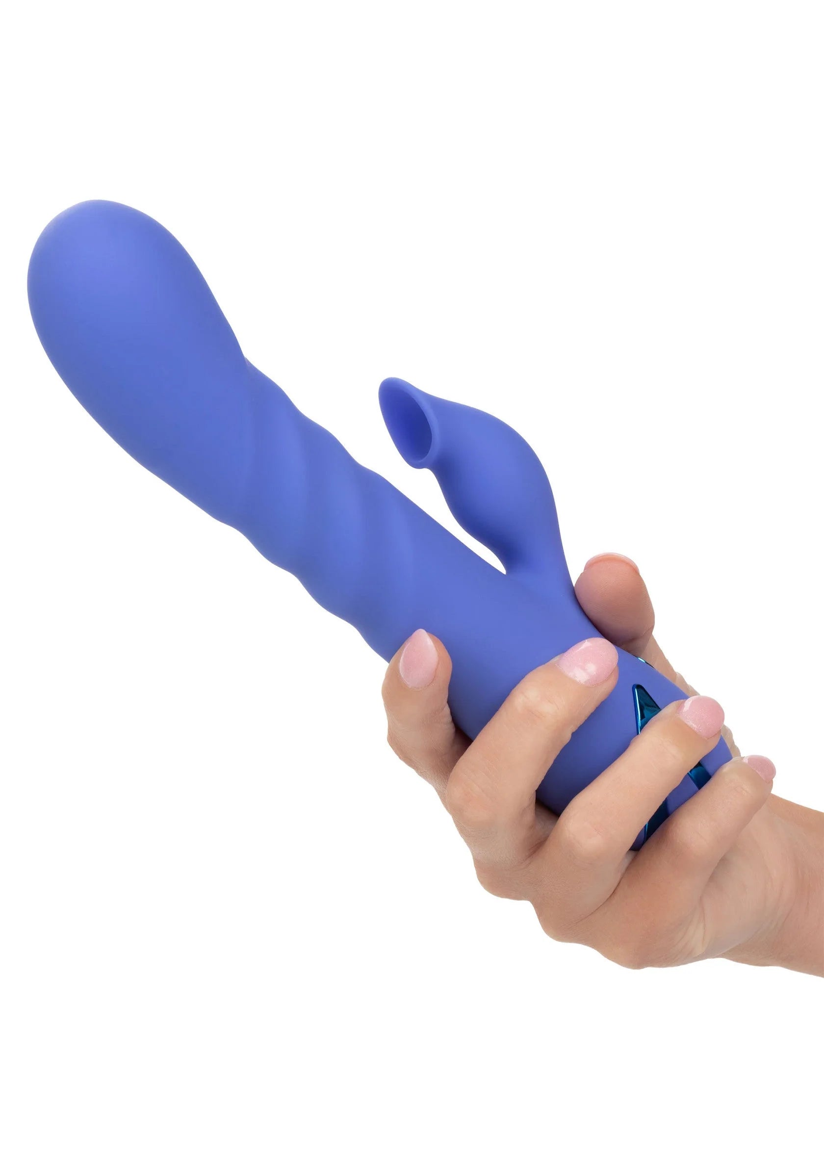 blauwe siliconen vibrator met gebogen vorm en dubbele uitstulping