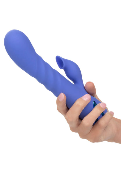 blauwe siliconen vibrator met gebogen vorm en dubbele uitstulping