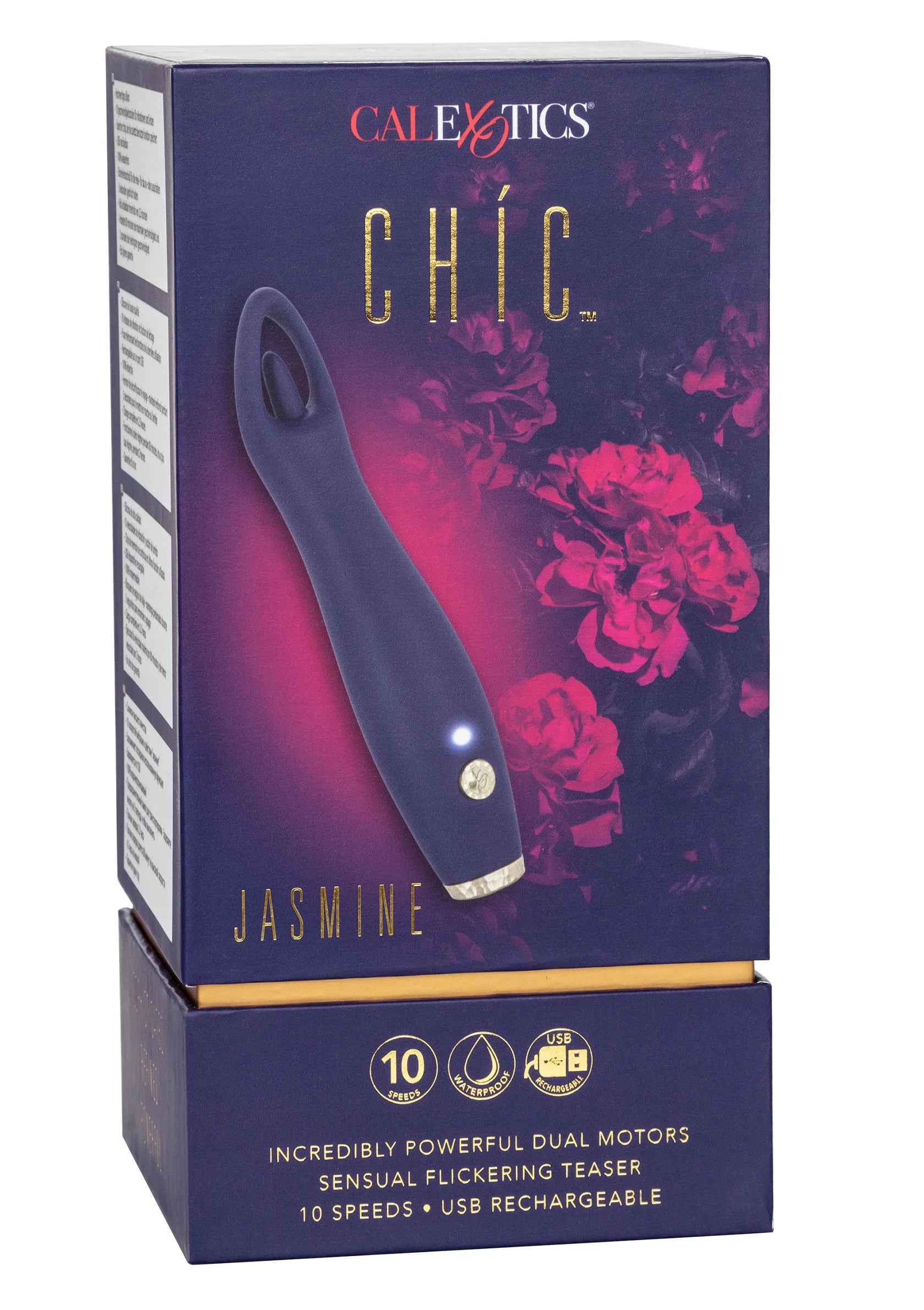 Verpakte donkerblauwe vibrator met bloemendesign en 10 standen
