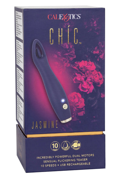Verpakte donkerblauwe vibrator met bloemendesign en 10 standen
