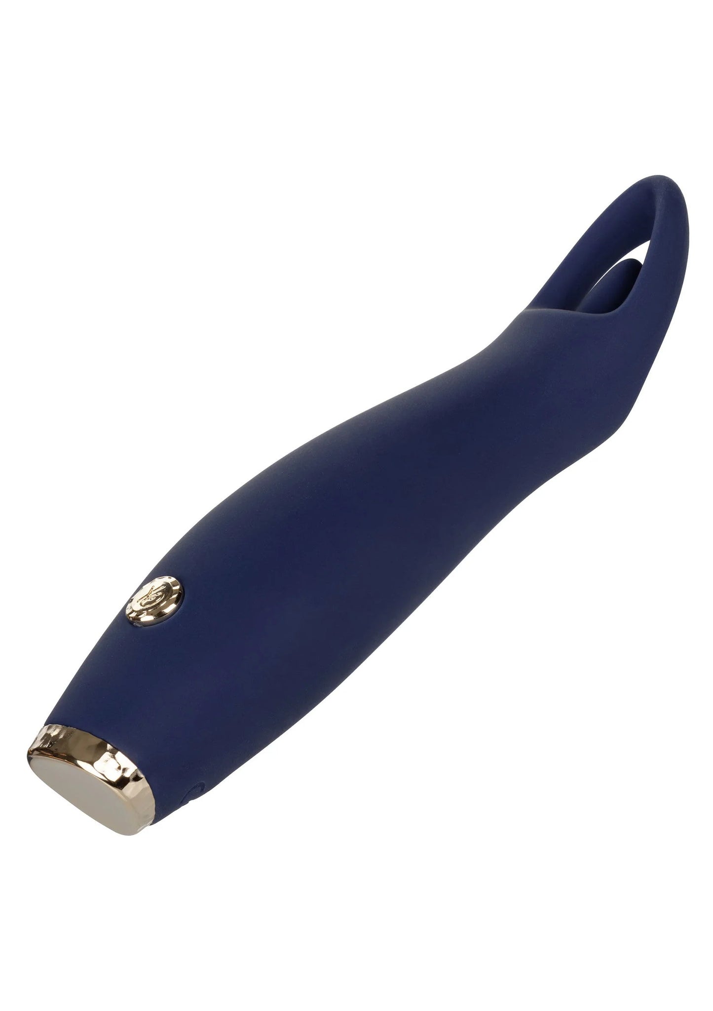 Donkerblauwe siliconen vibrator met goudkleurige knop en ovale uitsparing