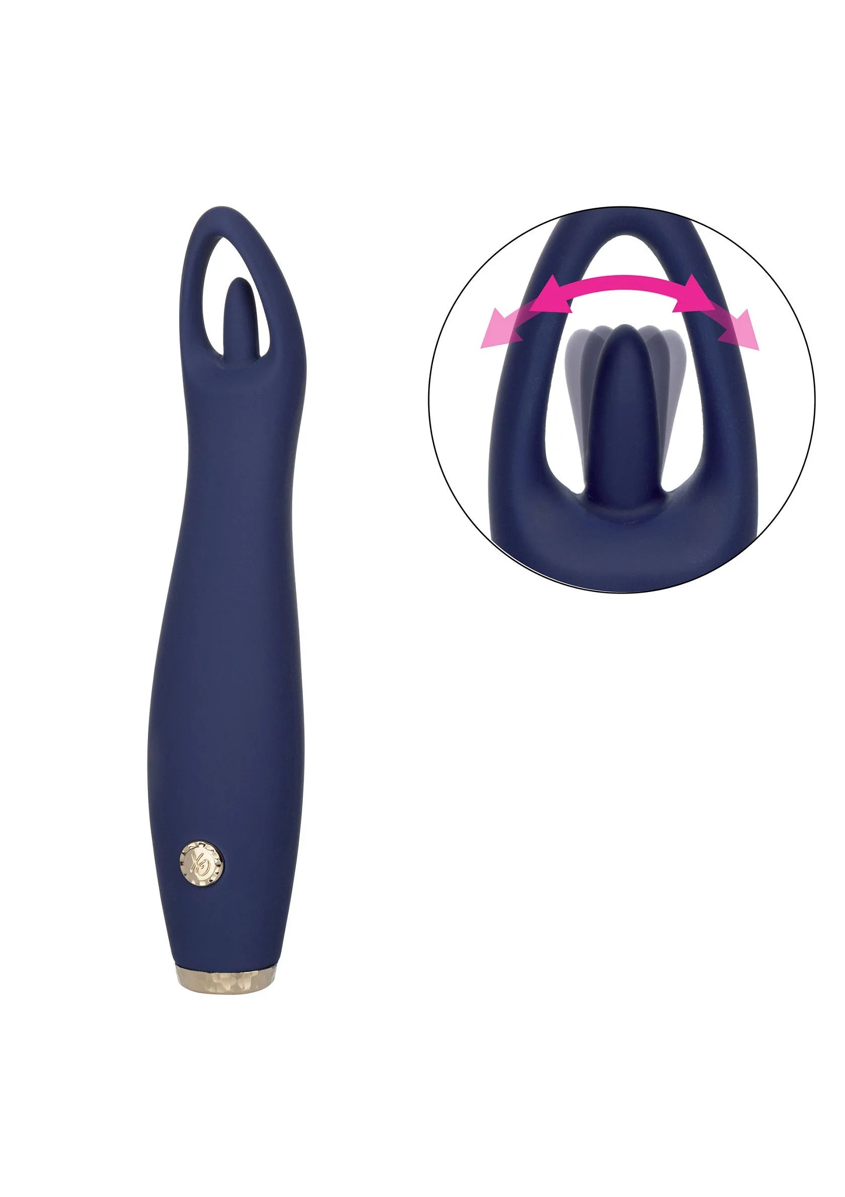 Donkerblauwe vibrator met ovale opening en goudkleurige stip; zijaanzicht