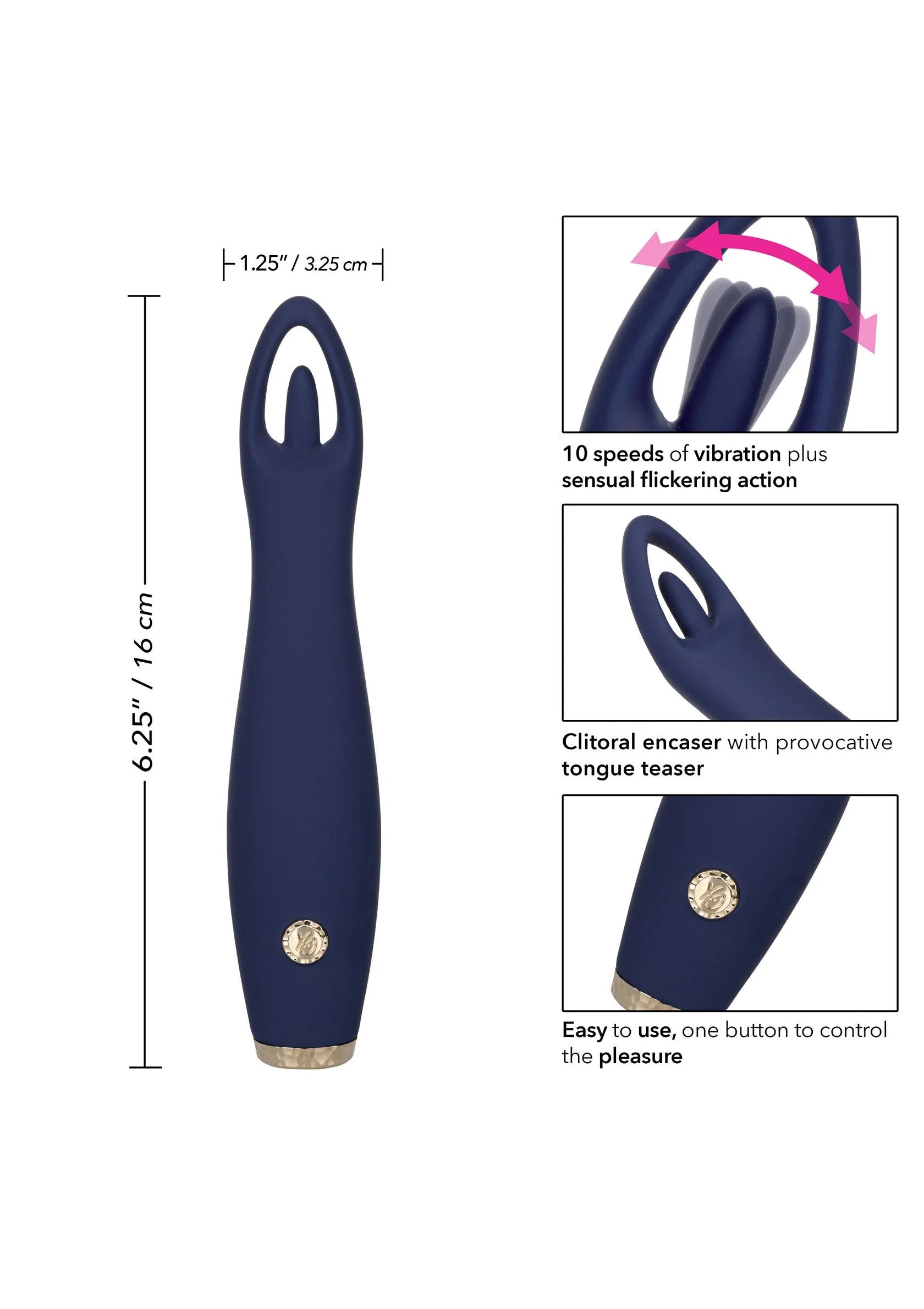 Donkerblauwe vibrator met ovale opening en zilverkleurige onderkant