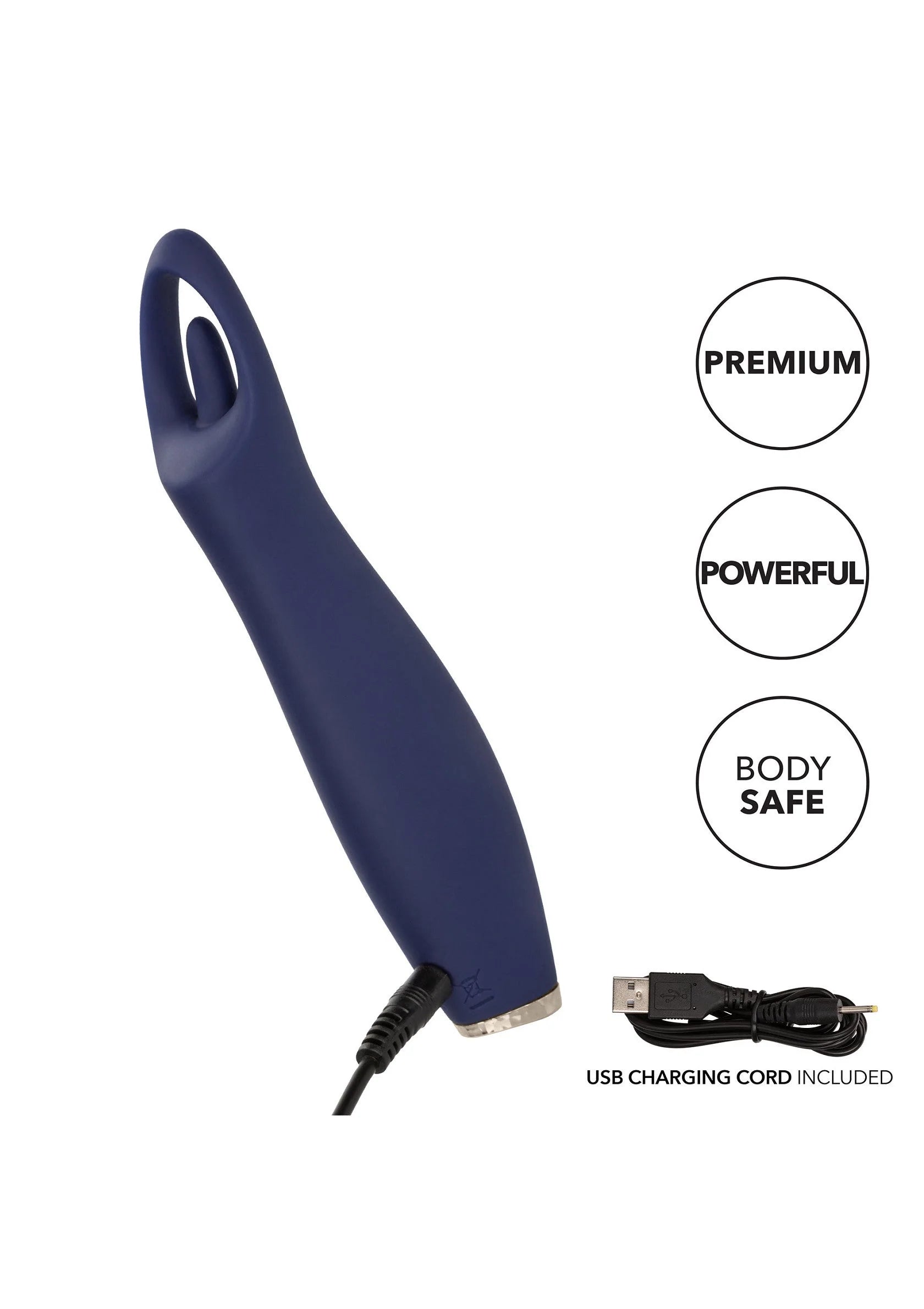Donkerblauwe vibrator met ovale uitsparing, zilverkleurige onderkant en USB-kabel