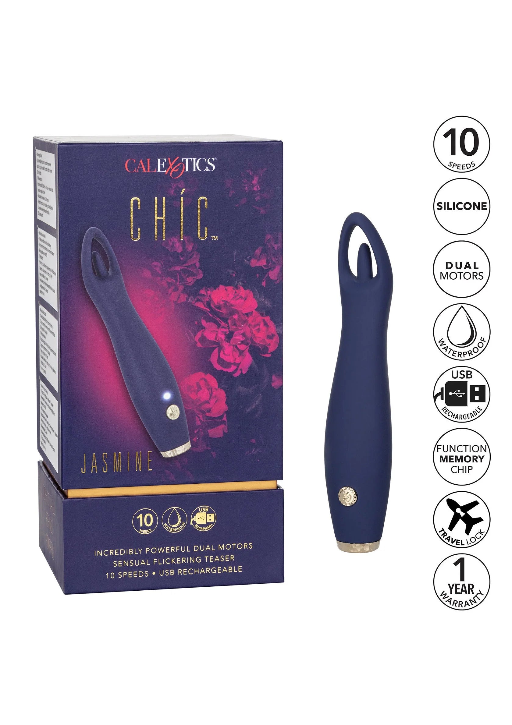 Donkerblauwe siliconen vibrator met goudkleurig accent en 10 standen op doos