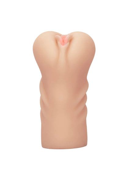 Huidkleurige masturbator met smalle opening bovenaan en afgeronde vorm