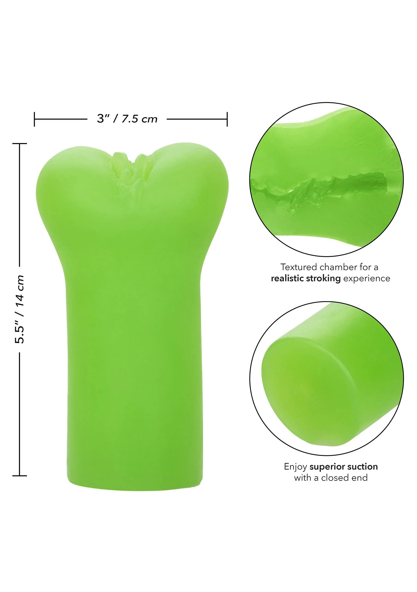 Groene stoker-masturbator met getextureerde kamer; afmetingen op afbeelding.