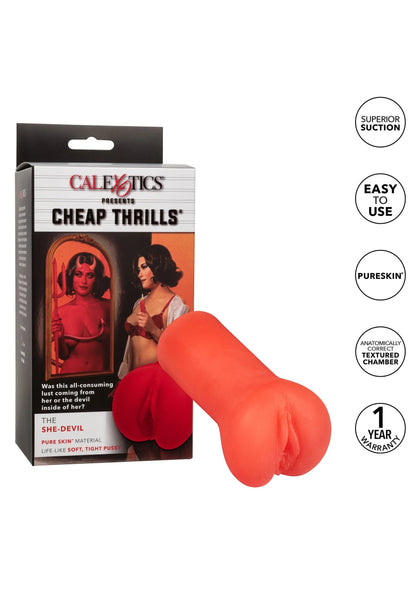 Rode siliconen masturbatorstroker naast CalExotics Cheap Thrills verpakking
