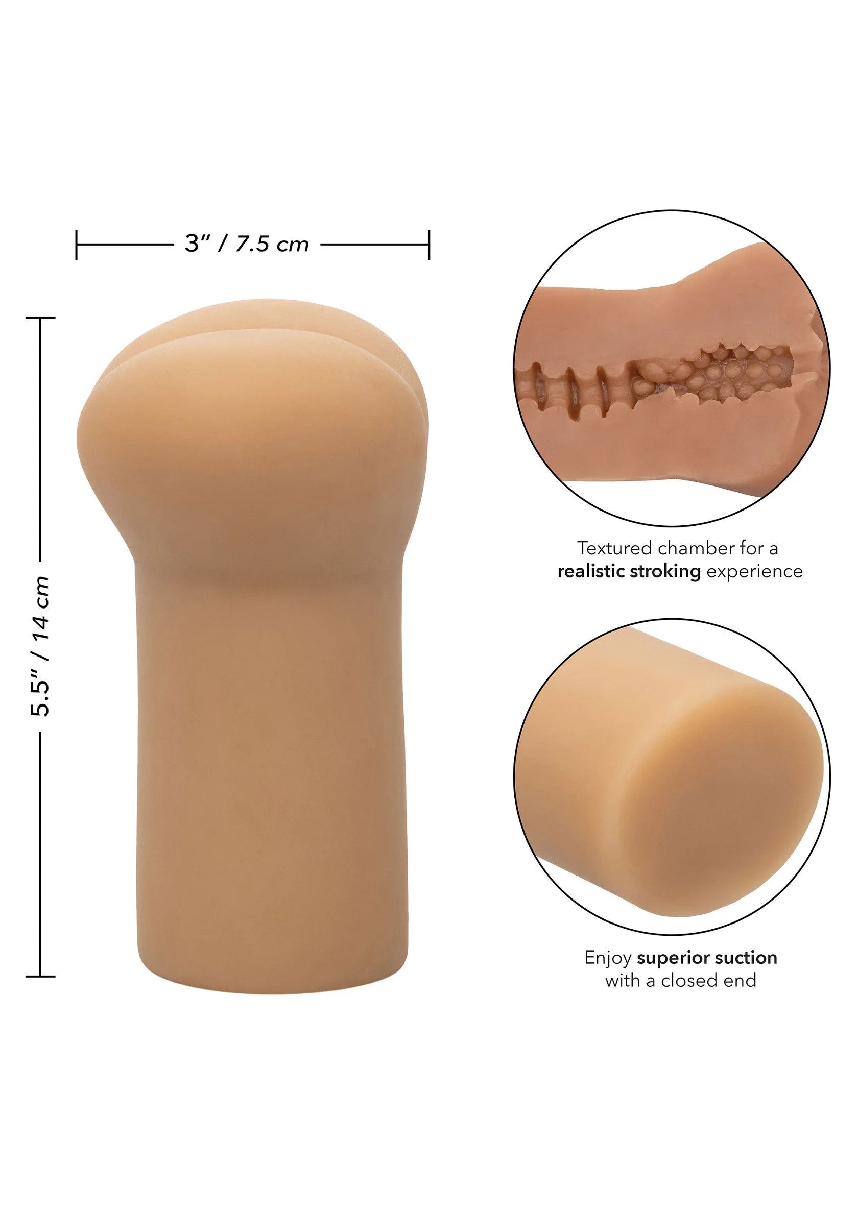 Masturbator met reliëfkamer en gesloten uiteinde, beige model met afmetingen