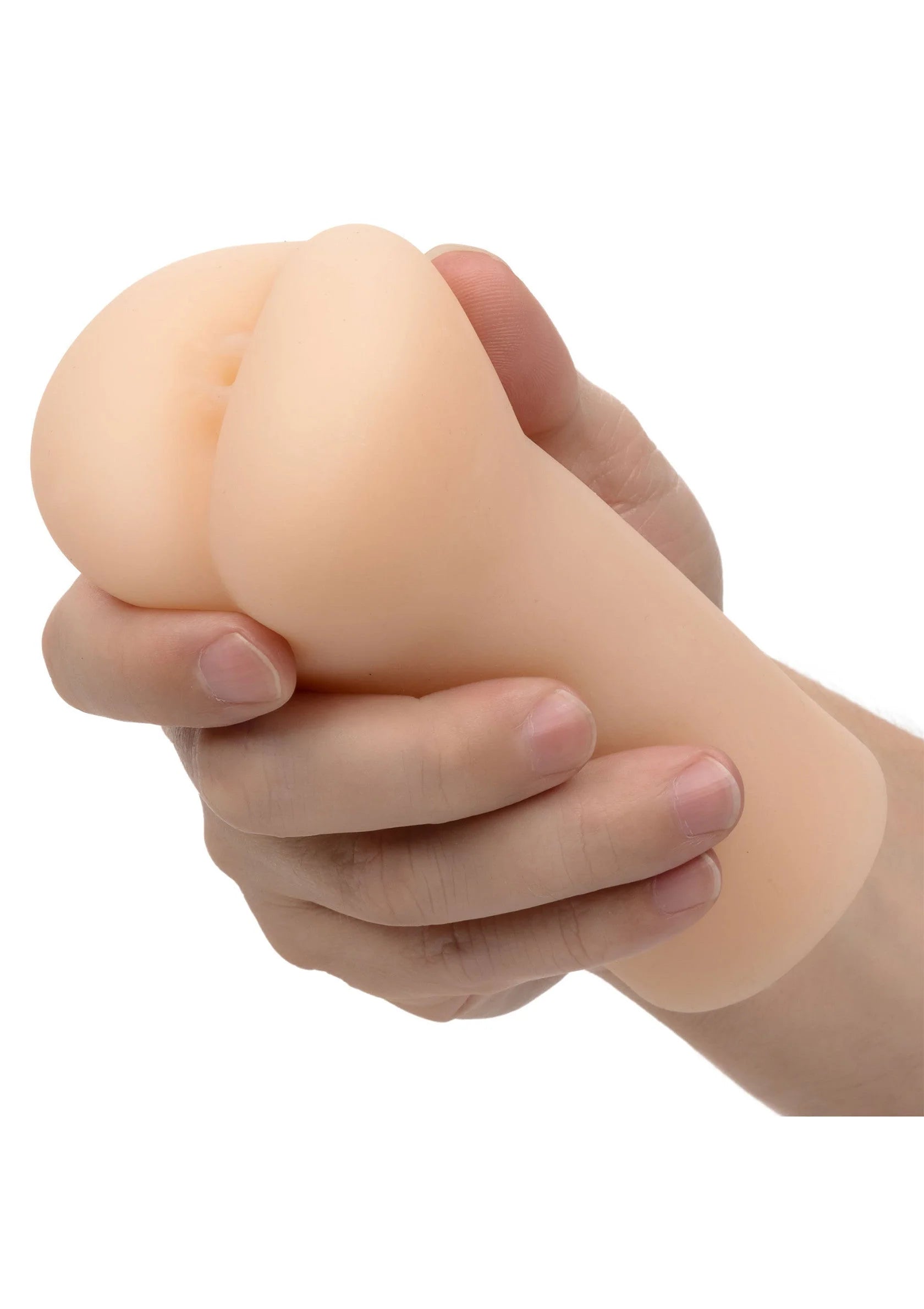 Beige masturbator in hand, afgeronde kop en cilindervormige body