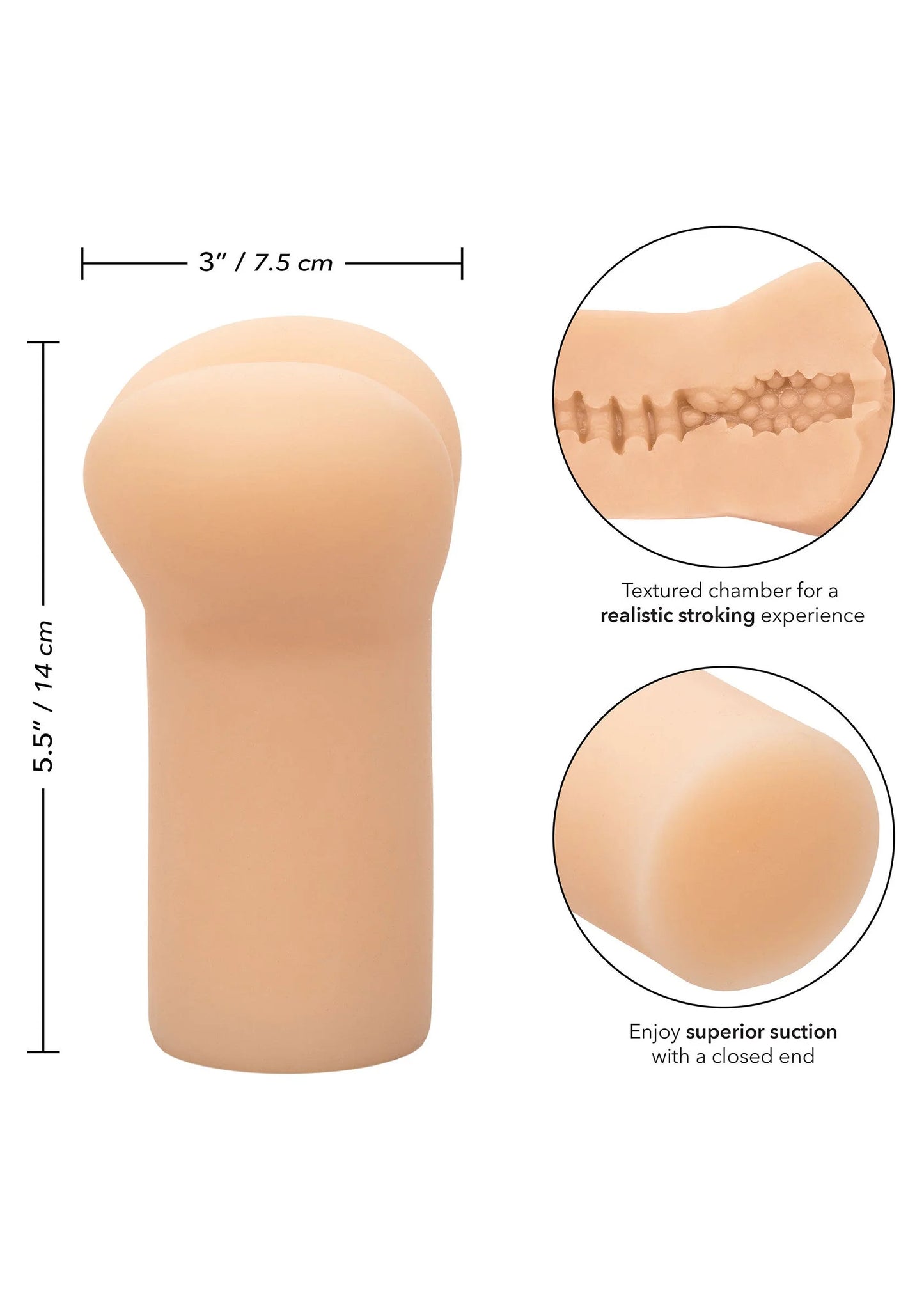 Beige masturbator met afgeronde kop; zijaanzicht met afmetingen