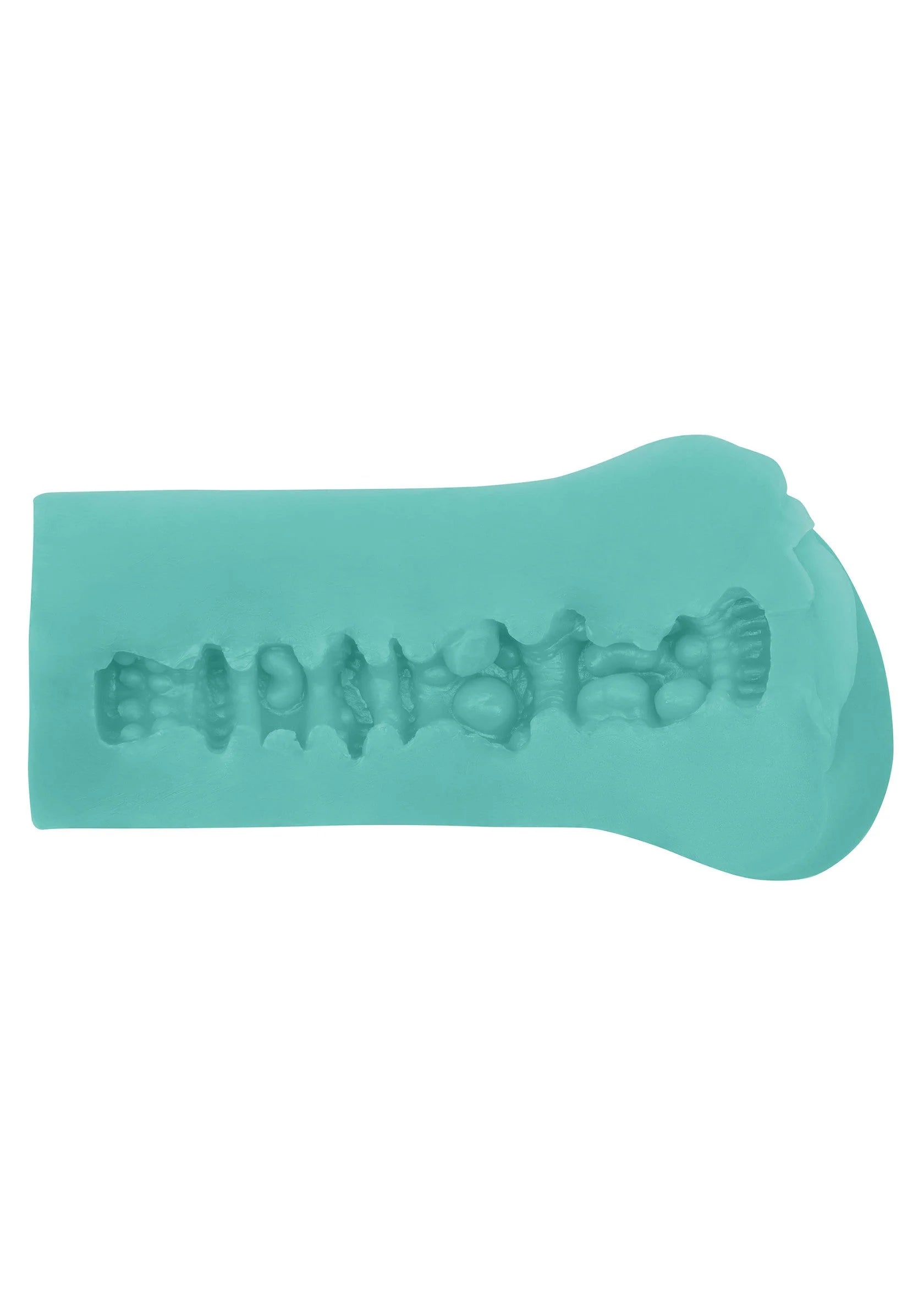 Turquoise masturbator-stroker met zichtbare binnenstructuur/tekening op het kanaal