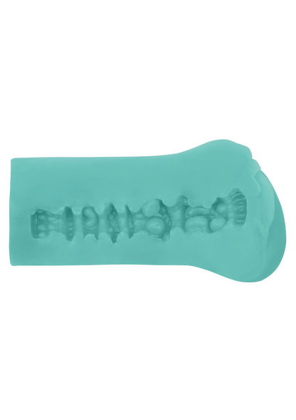 Turquoise masturbator-stroker met zichtbare binnenstructuur/tekening op het kanaal