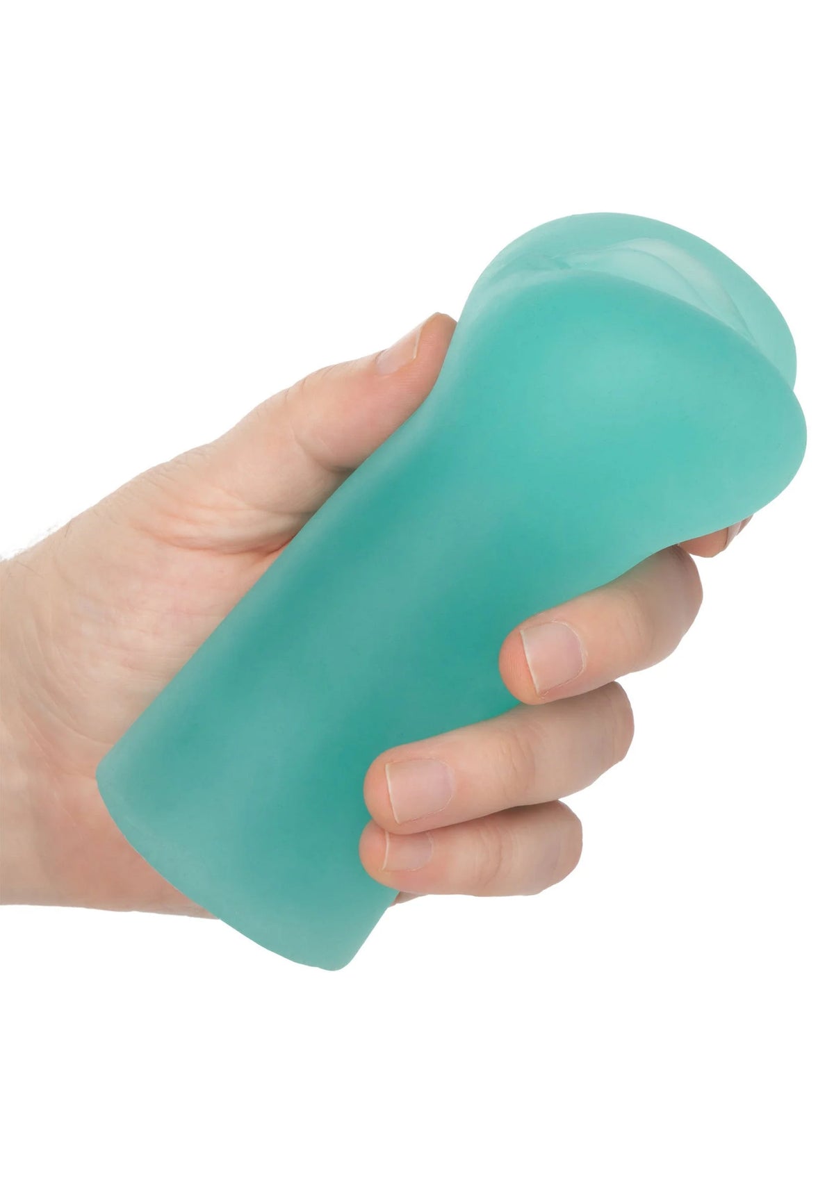 Turquoise masturbator-stroker vast in hand, afgeronde kop en glad oppervlak