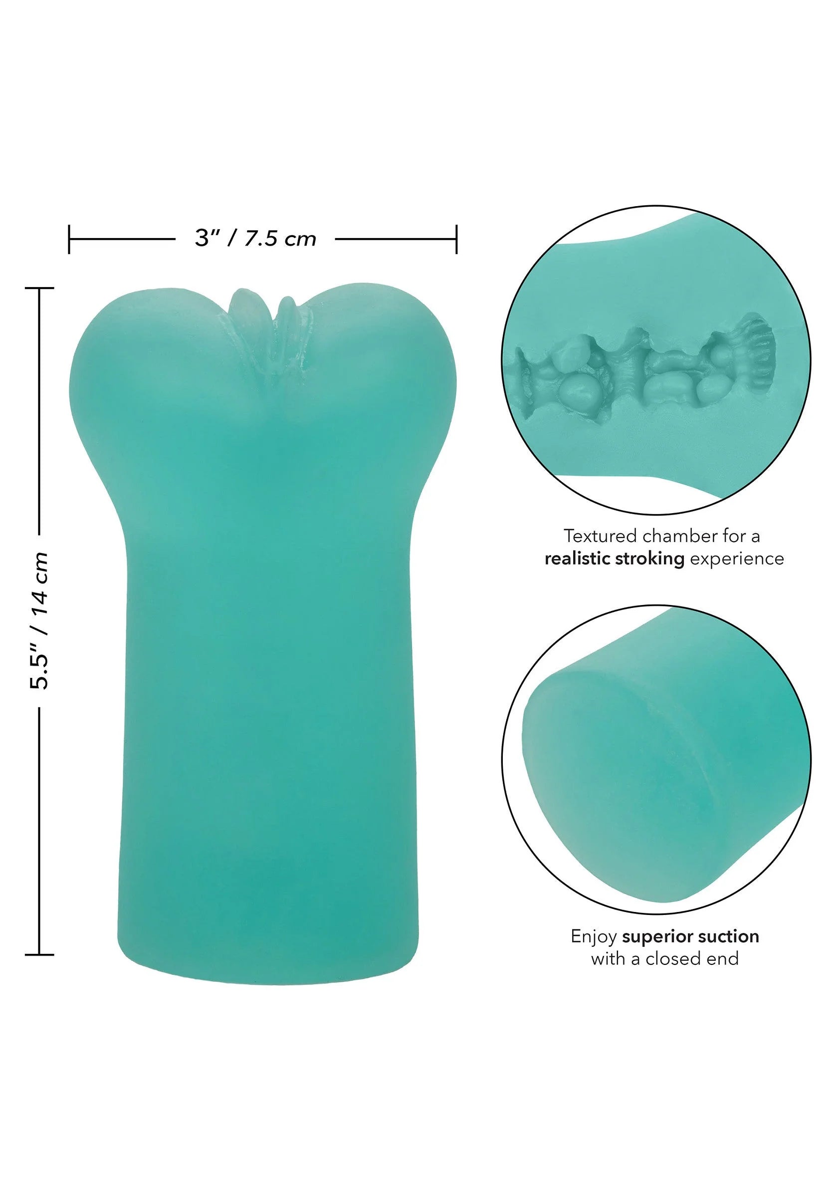 Turquoise masturbator-stroker met maatindicatie en textuurdetail (inkeping bovenop)