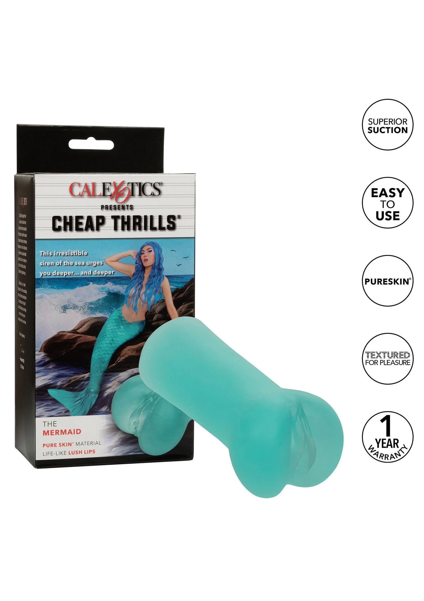 Turquoise masturbator-stroker in blisterverpakking met keurmerken op de doos
