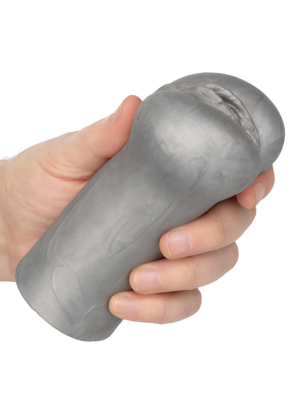 Grijze masturbator in hand, ronde kop met geribbelde opening en gladde body