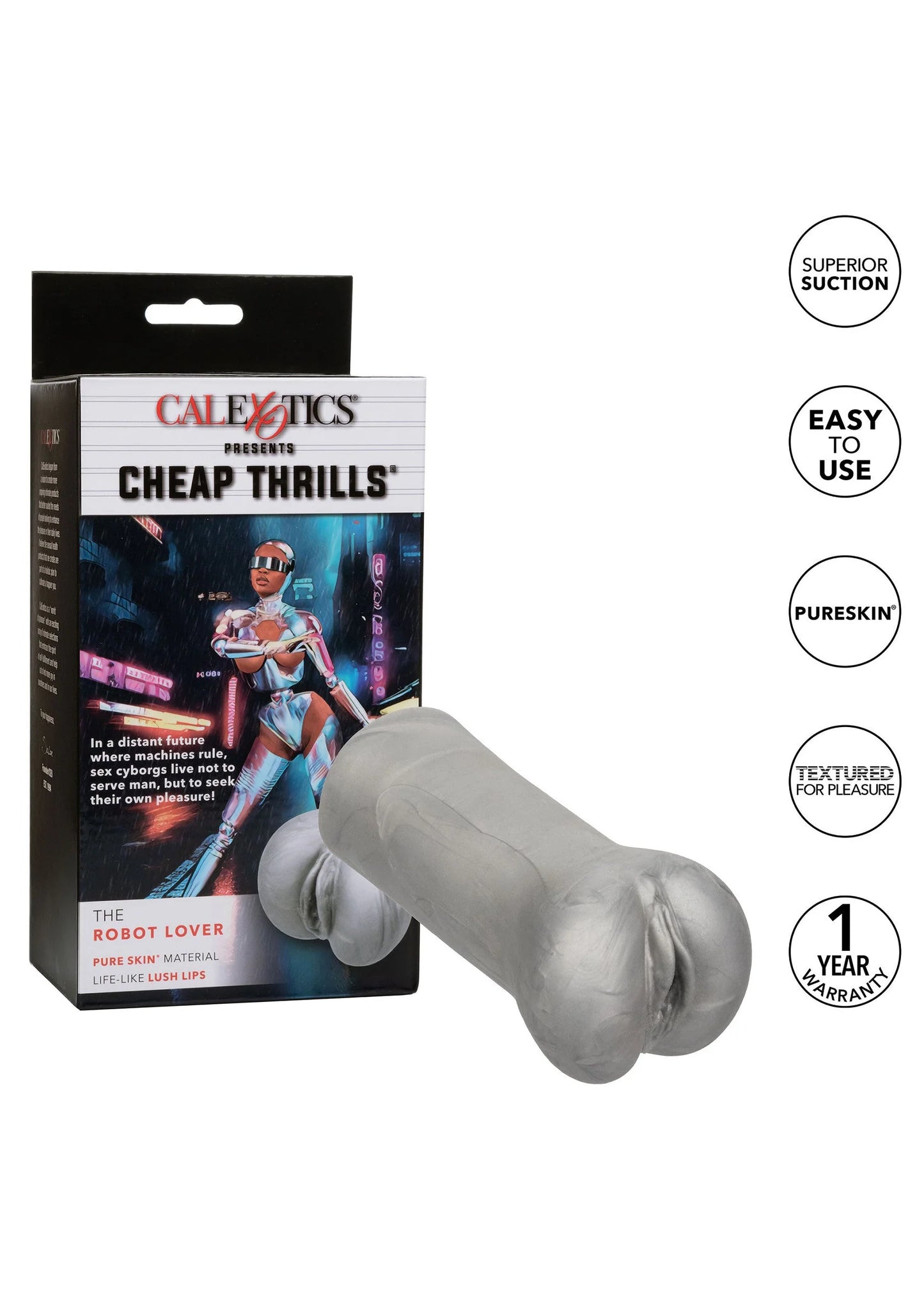 Grijze masturbator met verpakking en labels zoals 1 jaar garantie en easy to use