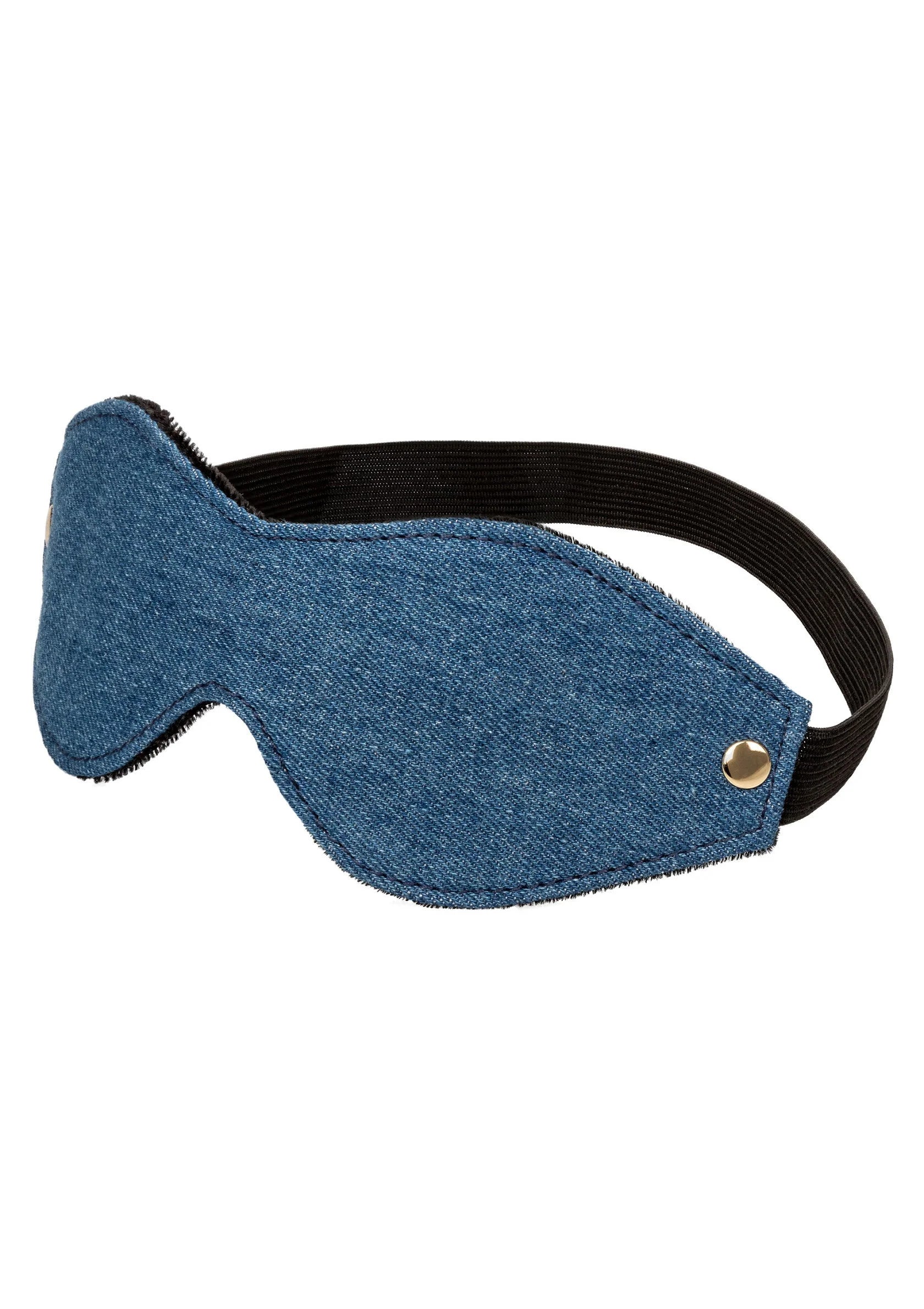 Blauw denim oogmasker met ronde ooguitsparing, zwarte band en goudkleurig knoopje