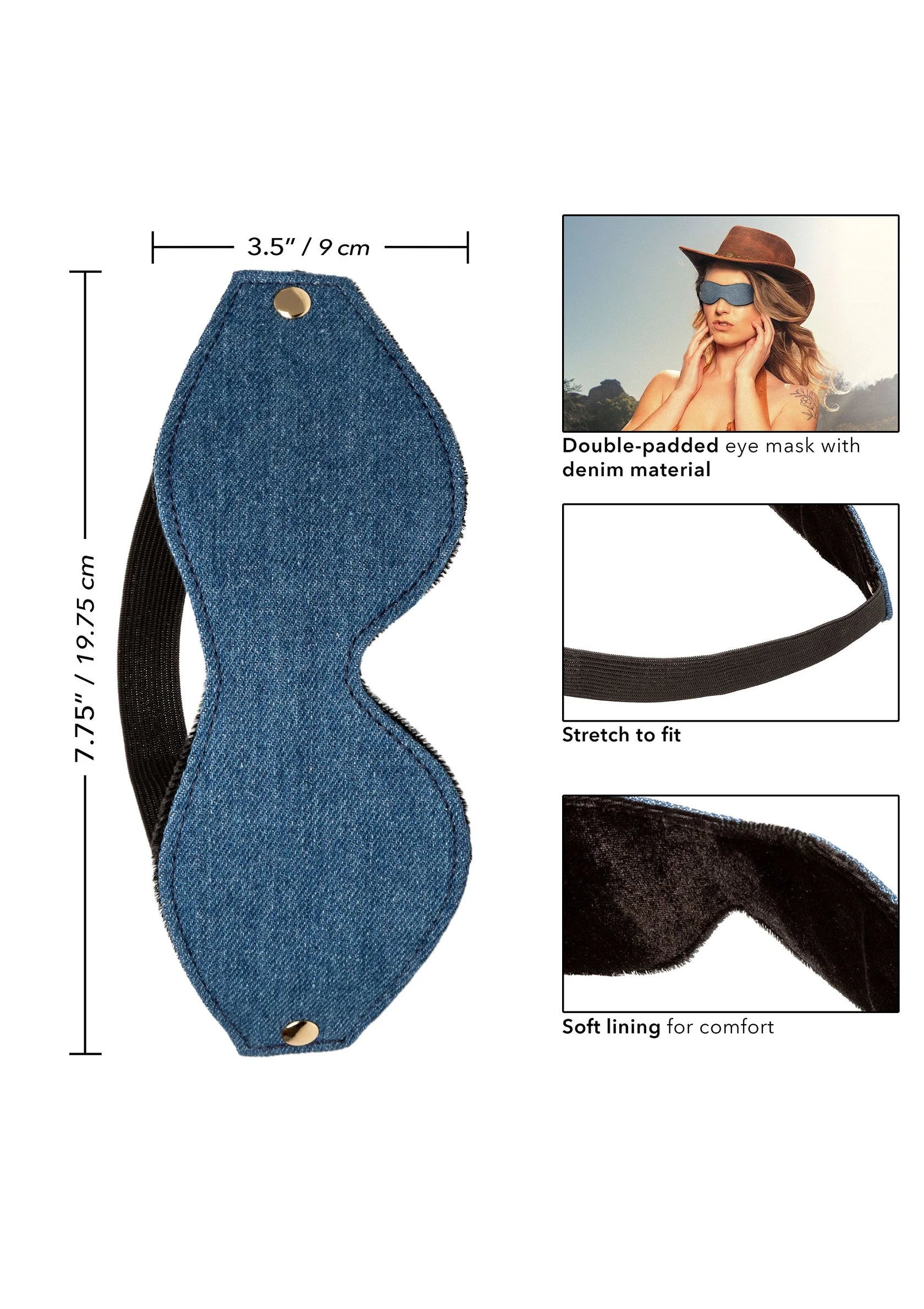 Blauw spijkerstof oogmasker met dubbel gevoerde vulling en verstelbare elastische band